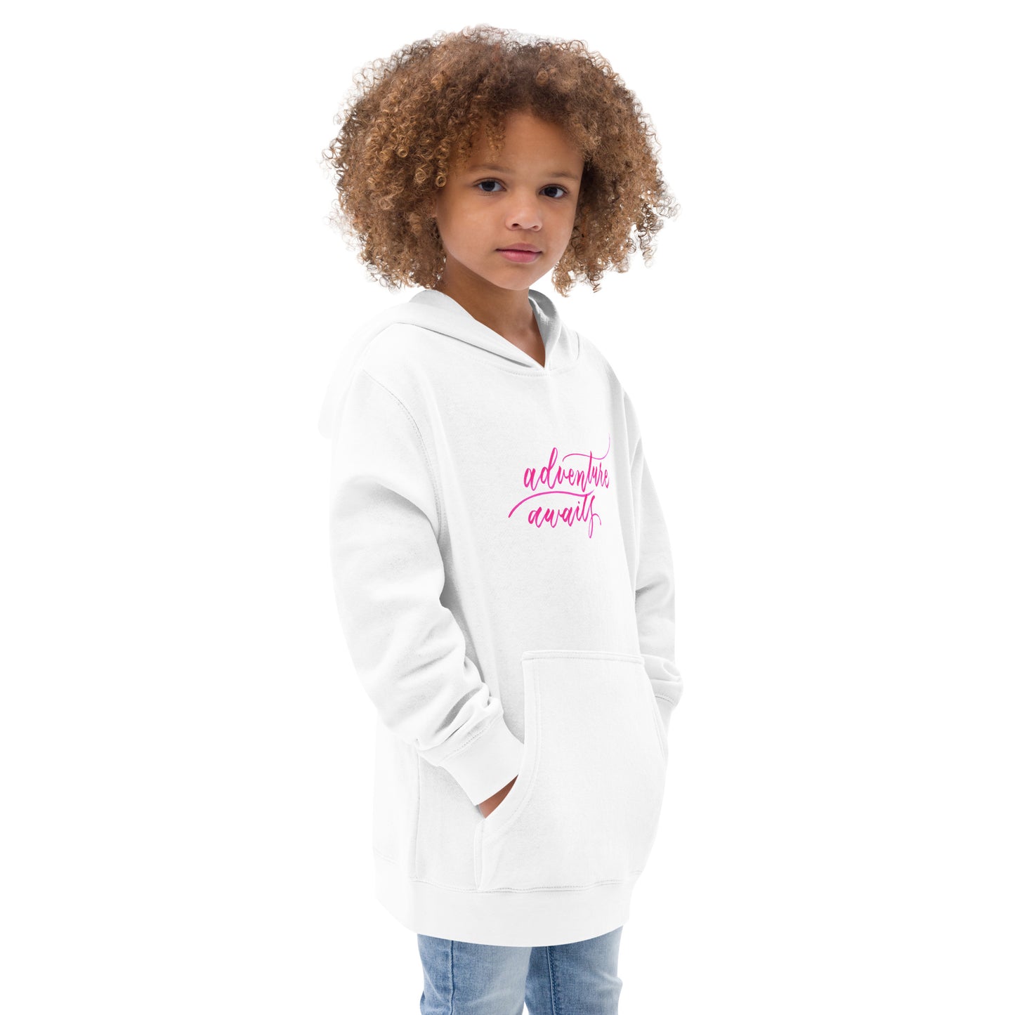 Script "Adventure Awaits" Pink Calligraphy Printed Kids Fleece Hoodie