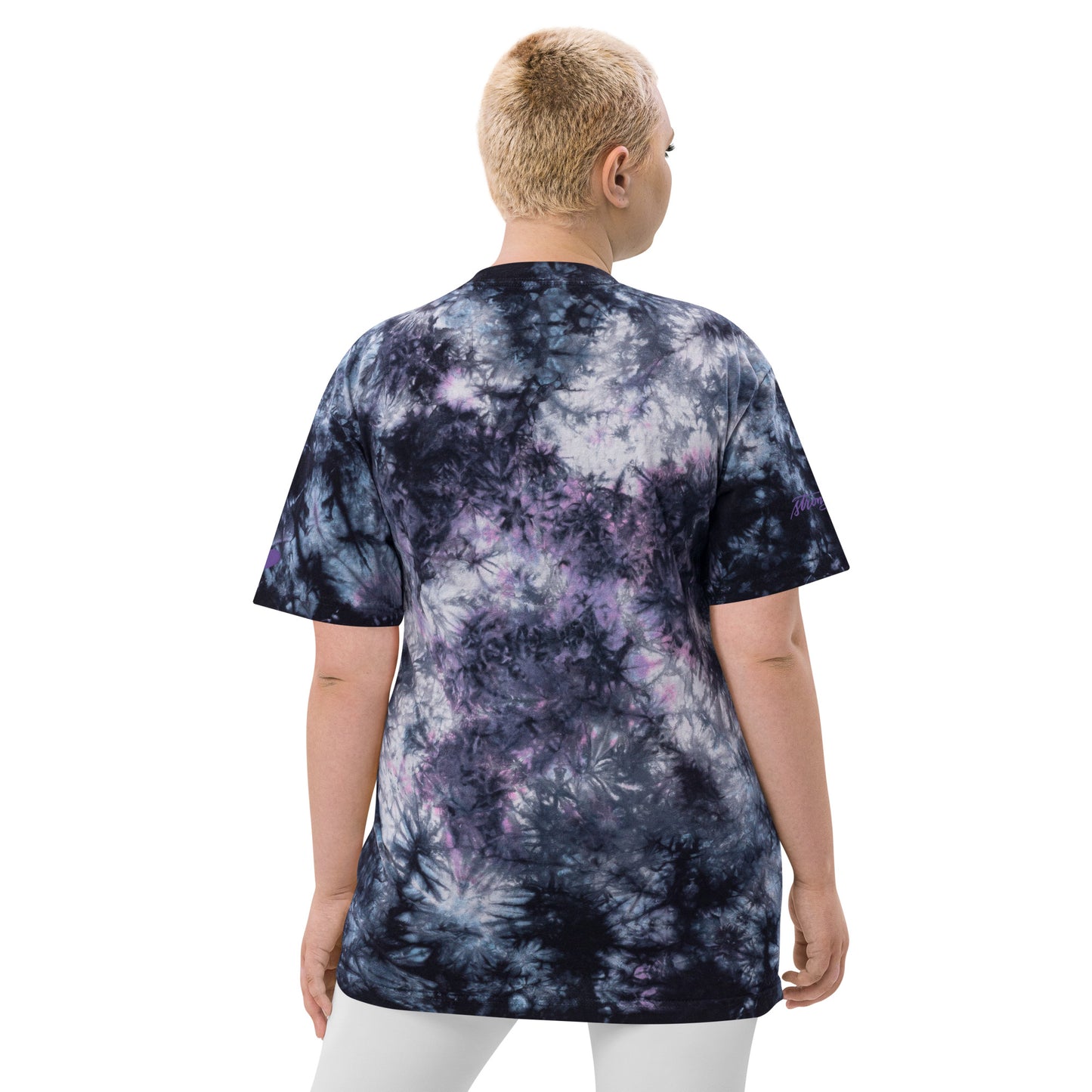 Embroidered Purple "Strong" Calligraphy Oversized Tie-Dye T-Shirt