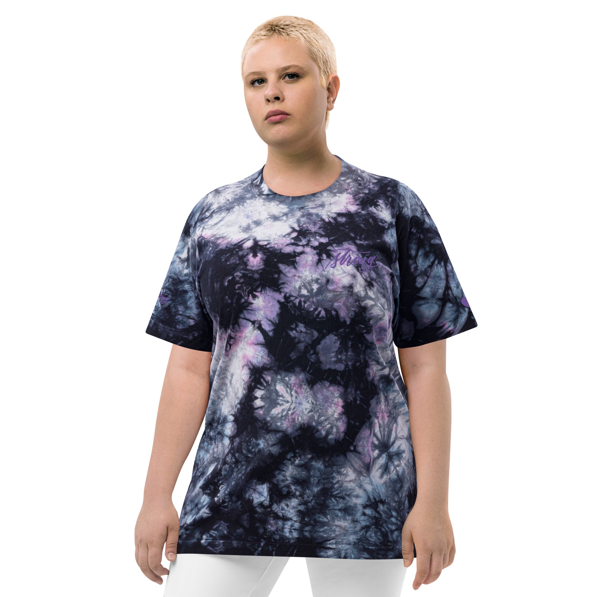 ADULT SIZES - Embroidered Purple "Strong" Calligraphy Oversized Tie-Dye T-Shirt