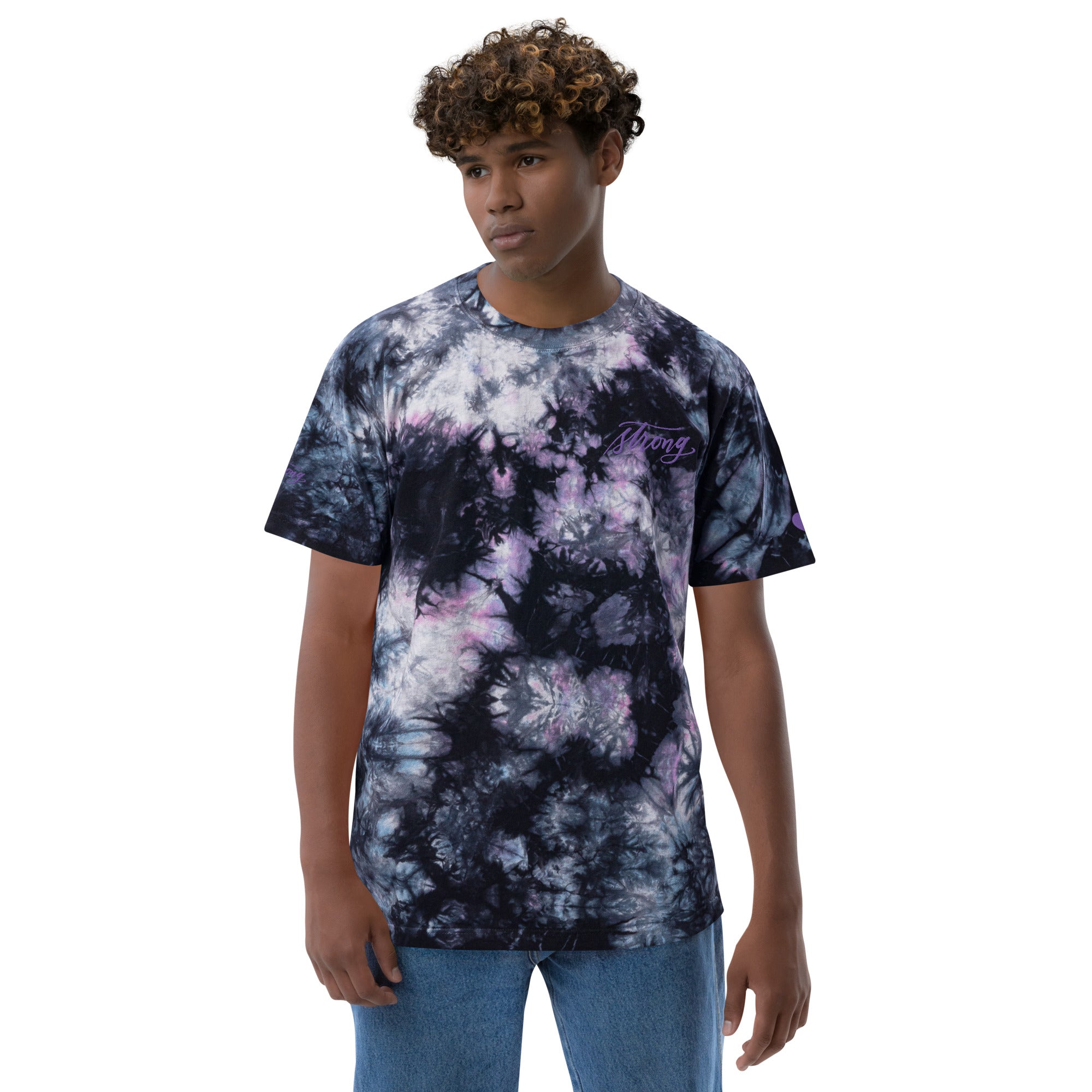 ADULT SIZES - Embroidered Purple "Strong" Calligraphy Oversized Tie-Dye T-Shirt