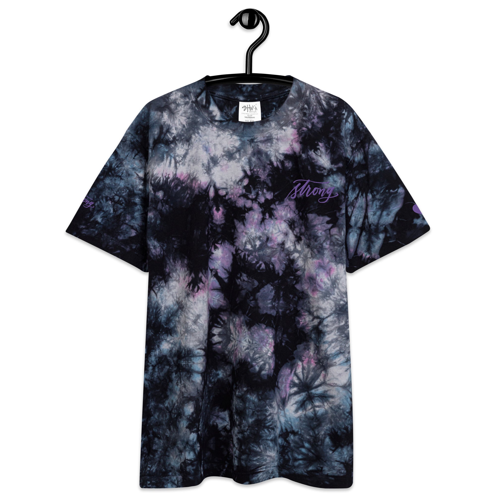 ADULT SIZES - Embroidered Purple "Strong" Calligraphy Oversized Tie-Dye T-Shirt