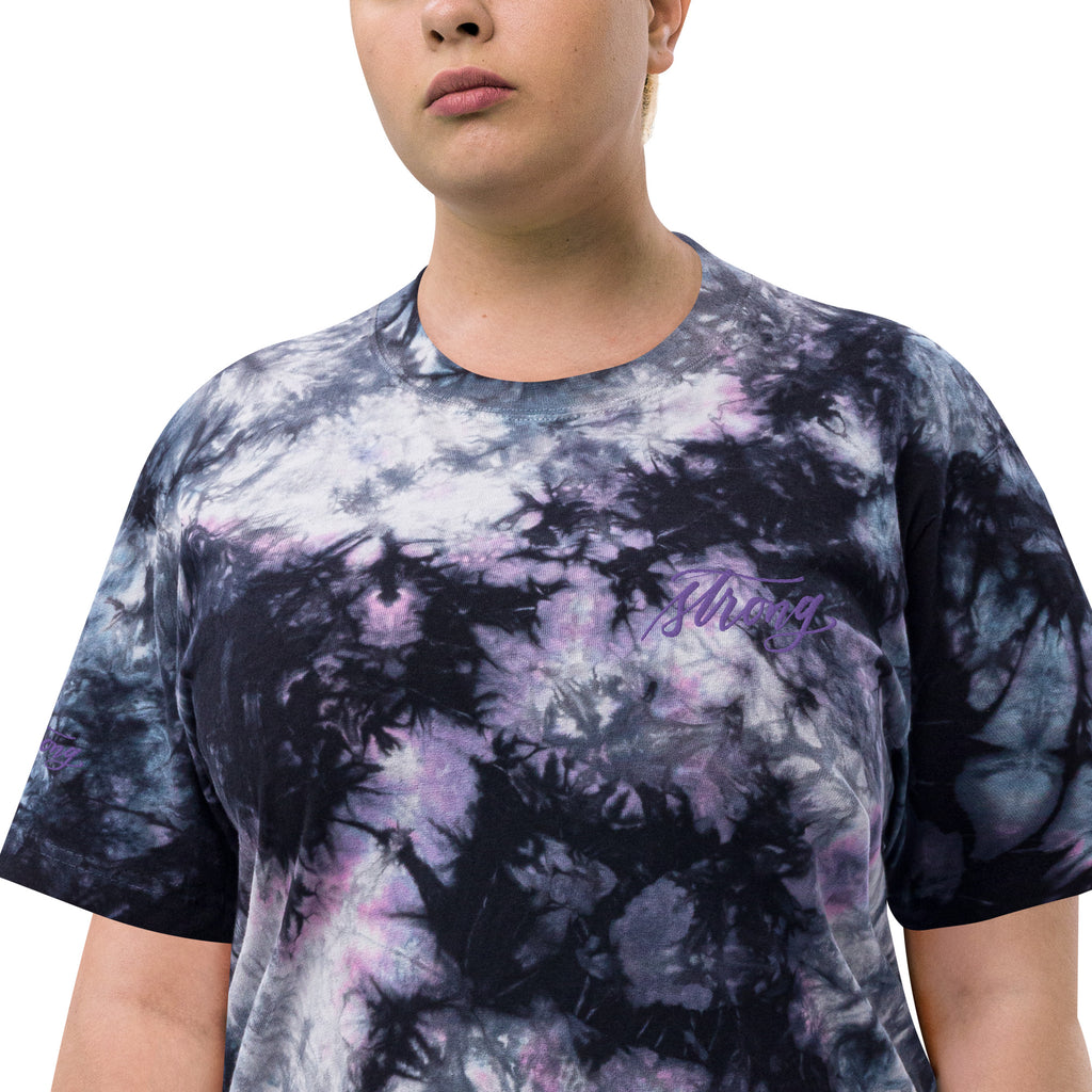 ADULT SIZES - Embroidered Purple "Strong" Calligraphy Oversized Tie-Dye T-Shirt