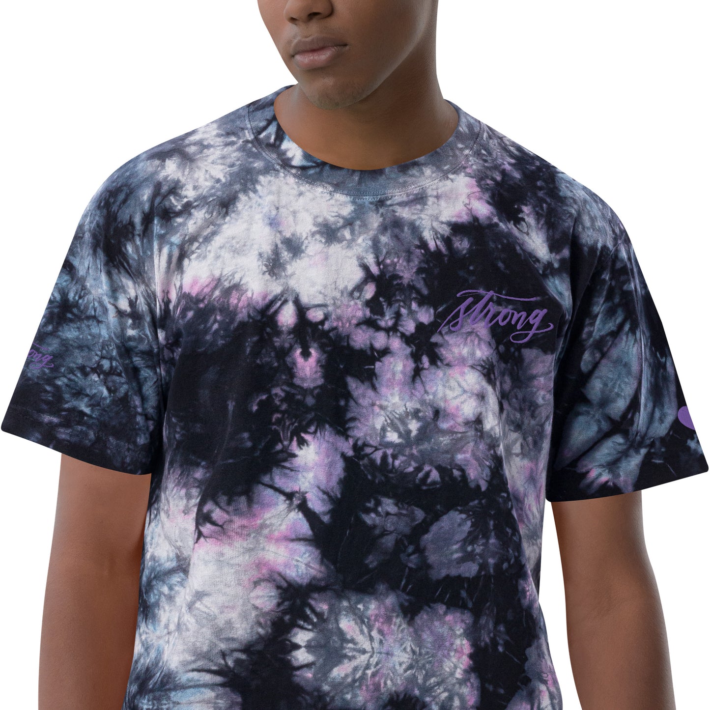 Embroidered Purple "Strong" Calligraphy Oversized Tie-Dye T-Shirt