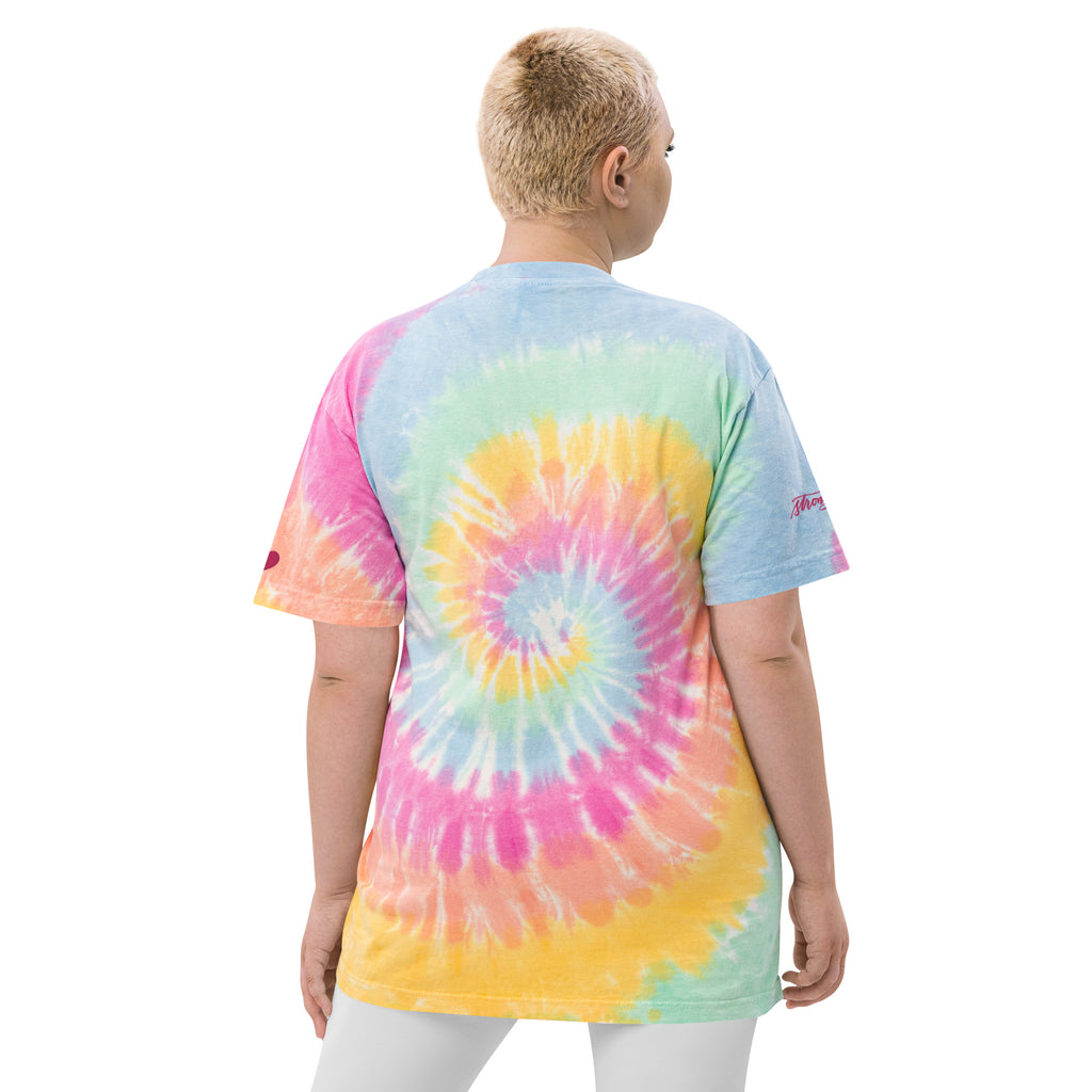 ADULT SIZES - Embroidered Pink Script "Strong" Calligraphy Oversized Tie-Dye ADULT T-Shirt