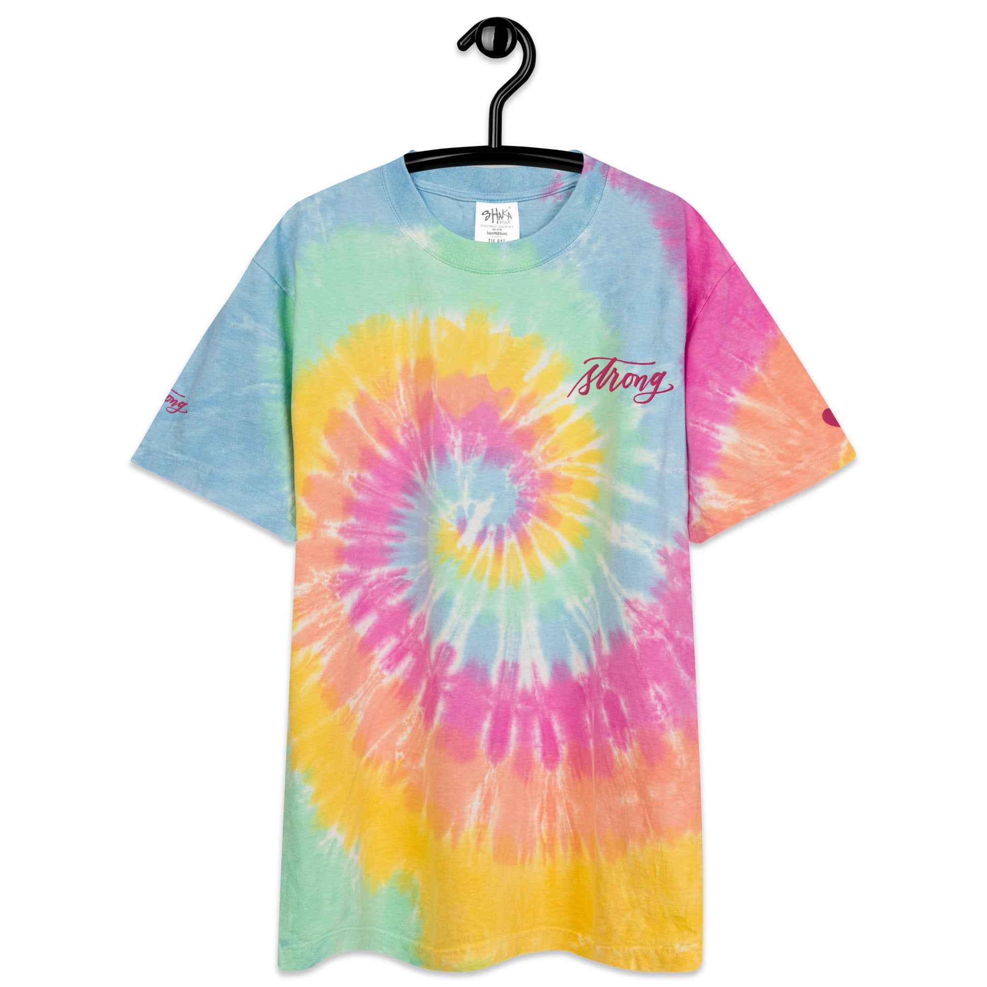 ADULT SIZES - Embroidered Pink Script "Strong" Calligraphy Oversized Tie-Dye ADULT T-Shirt