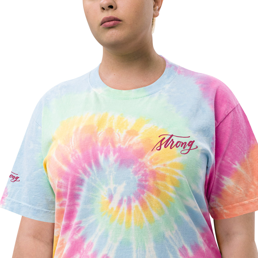 ADULT SIZES - Embroidered Pink Script "Strong" Calligraphy Oversized Tie-Dye ADULT T-Shirt