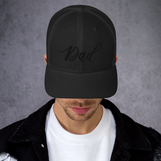 Embroidered Black Script "Girl Dad" Calligraphy Black Trucker Cap