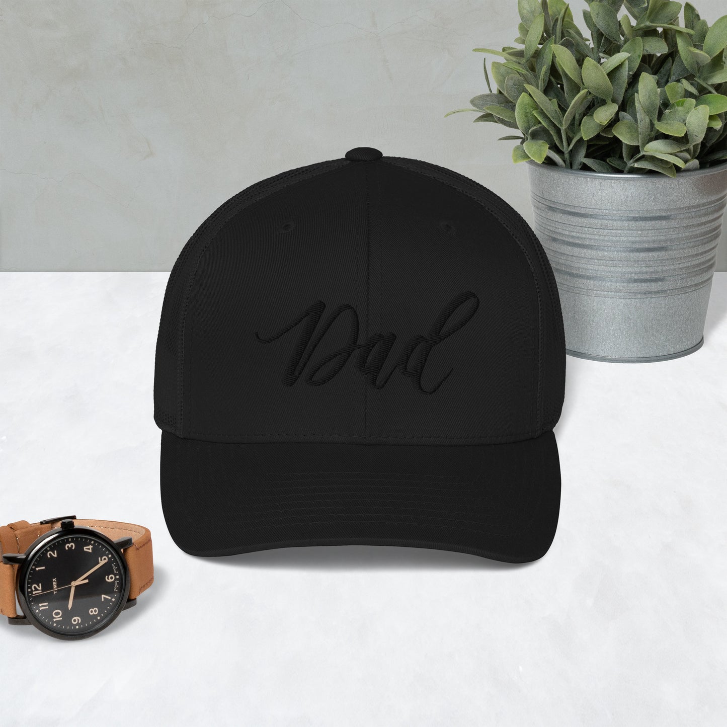 Embroidered Black Script "Girl Dad" Calligraphy Black Trucker Cap