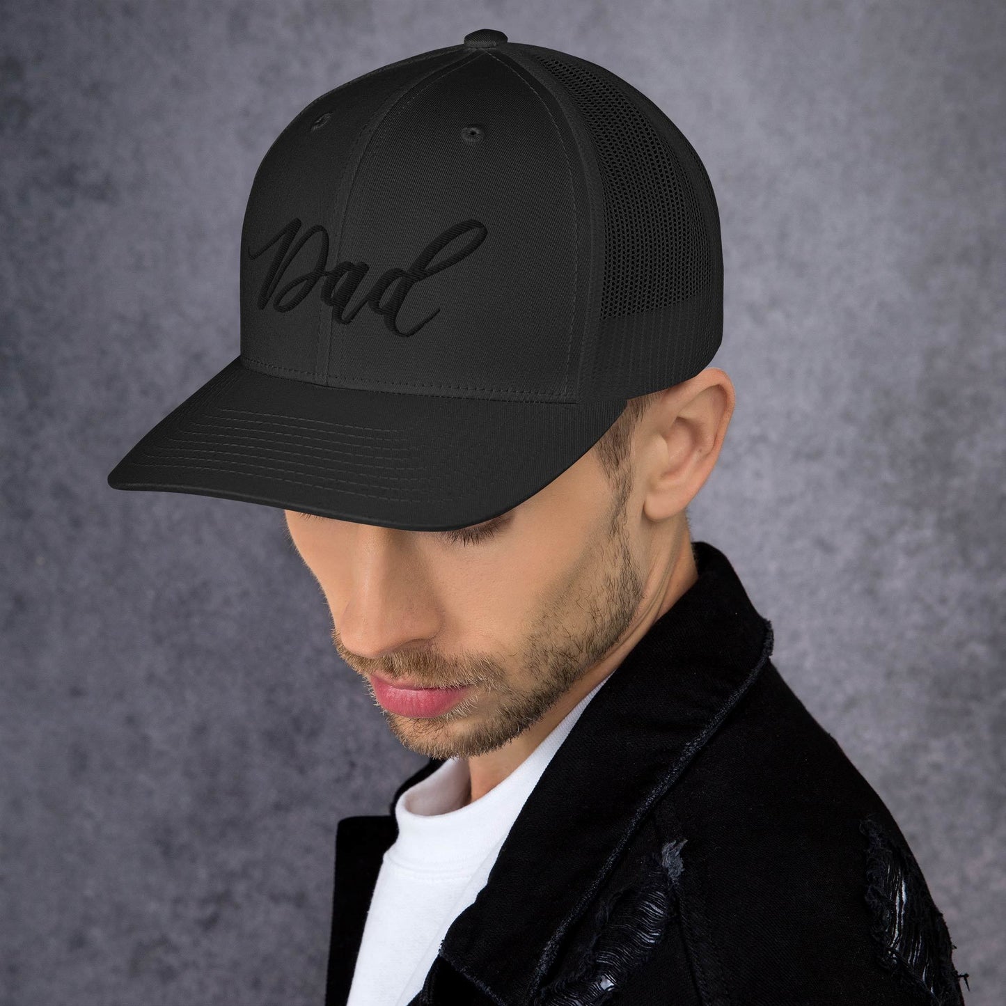 Embroidered Black Script "Girl Dad" Calligraphy Black Trucker Cap