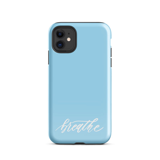 Script "Breathe" White Calligraphy on Sky Blue Printed Tough Case for iPhone®