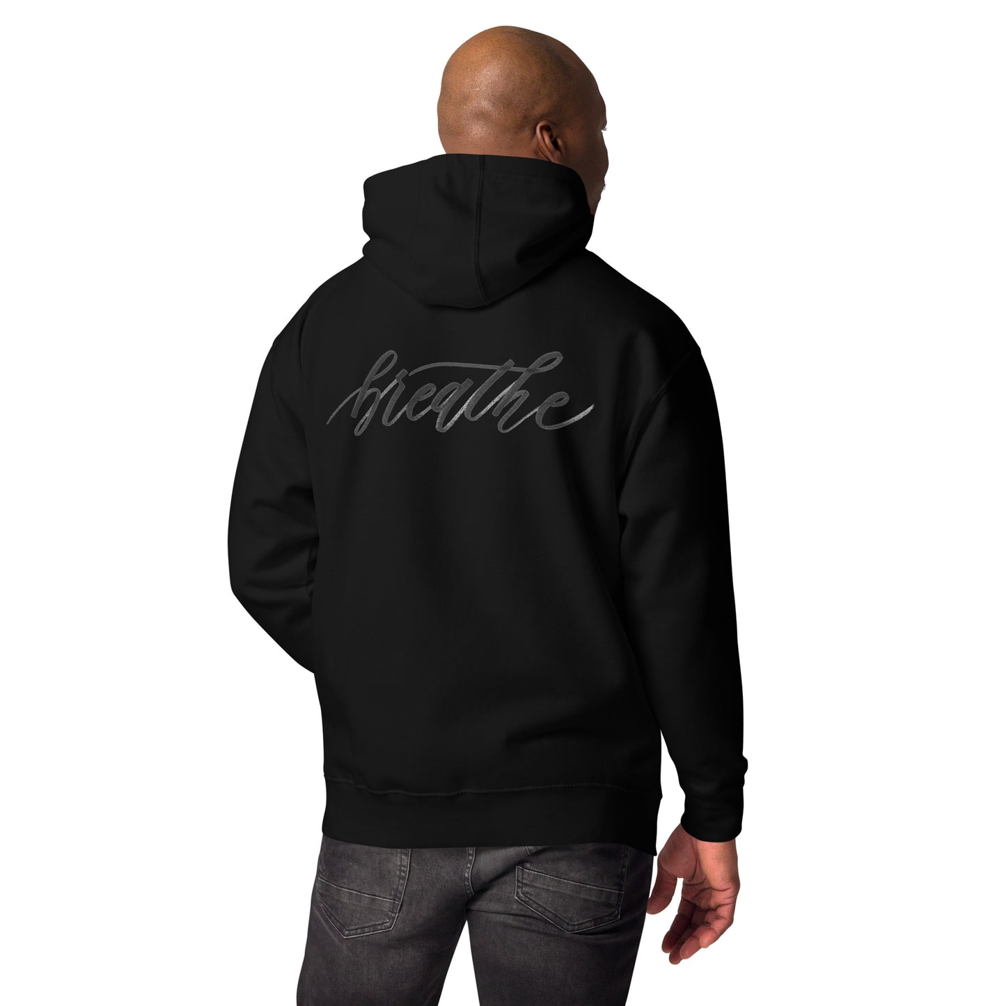 Script "Breathe" Black Calligraphy Printed Cotton Blend ADULT Unisex Hoodie