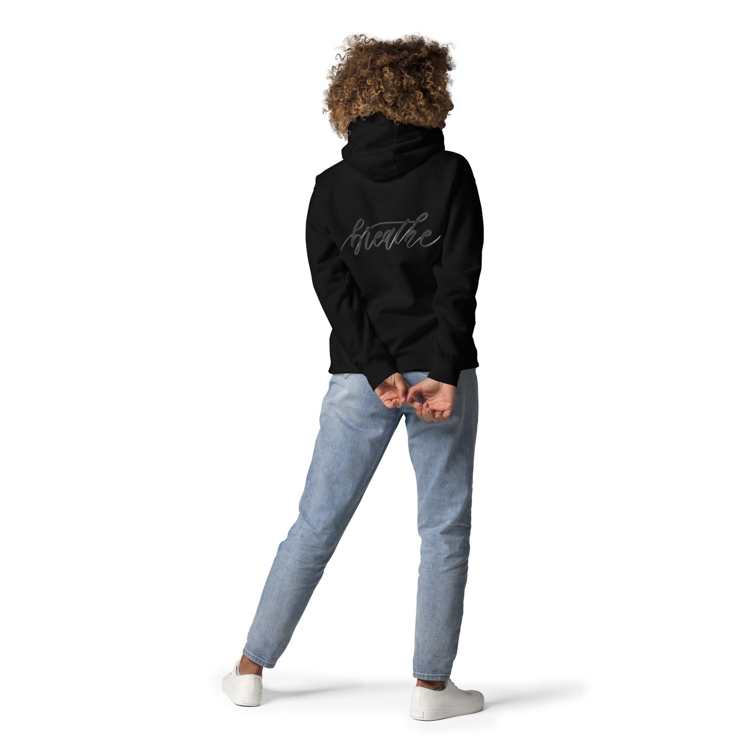 Script "Breathe" Black Calligraphy Printed Cotton Blend ADULT Unisex Hoodie