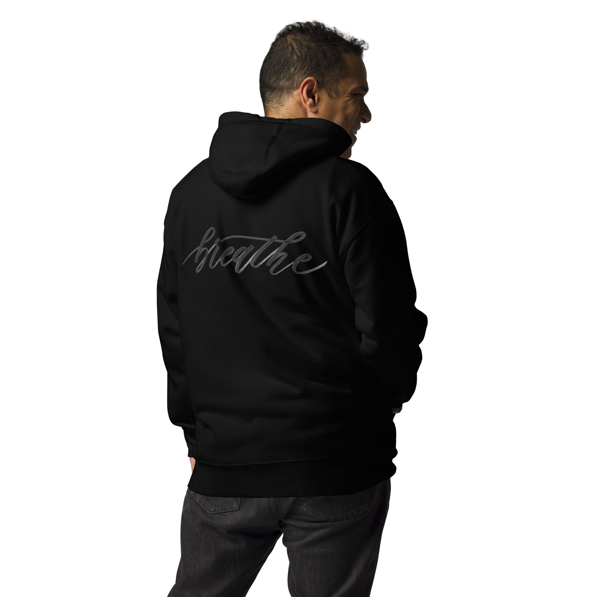 Script "Breathe" Black Calligraphy Printed Cotton Blend ADULT Unisex Hoodie