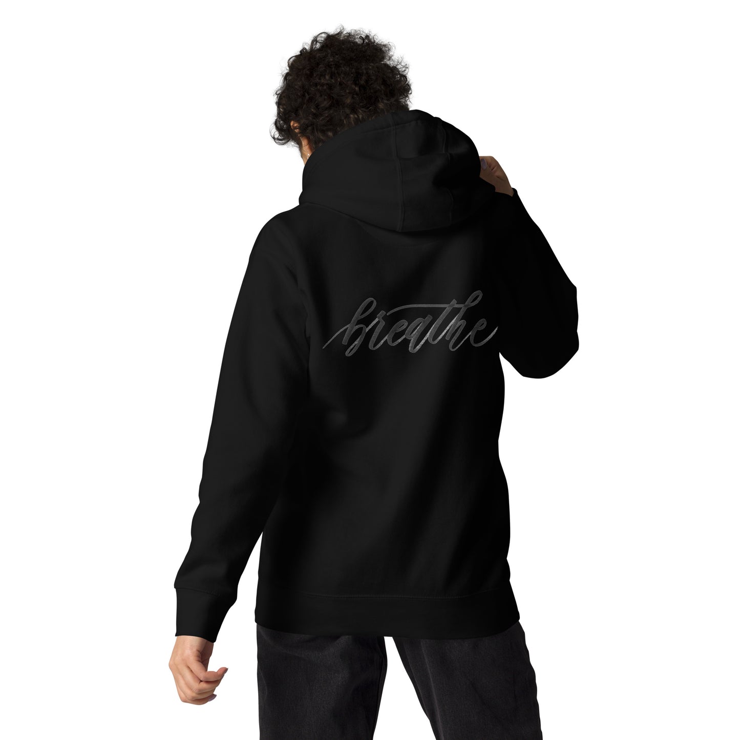 Script "Breathe" Black Calligraphy Printed Cotton Blend ADULT Unisex Hoodie