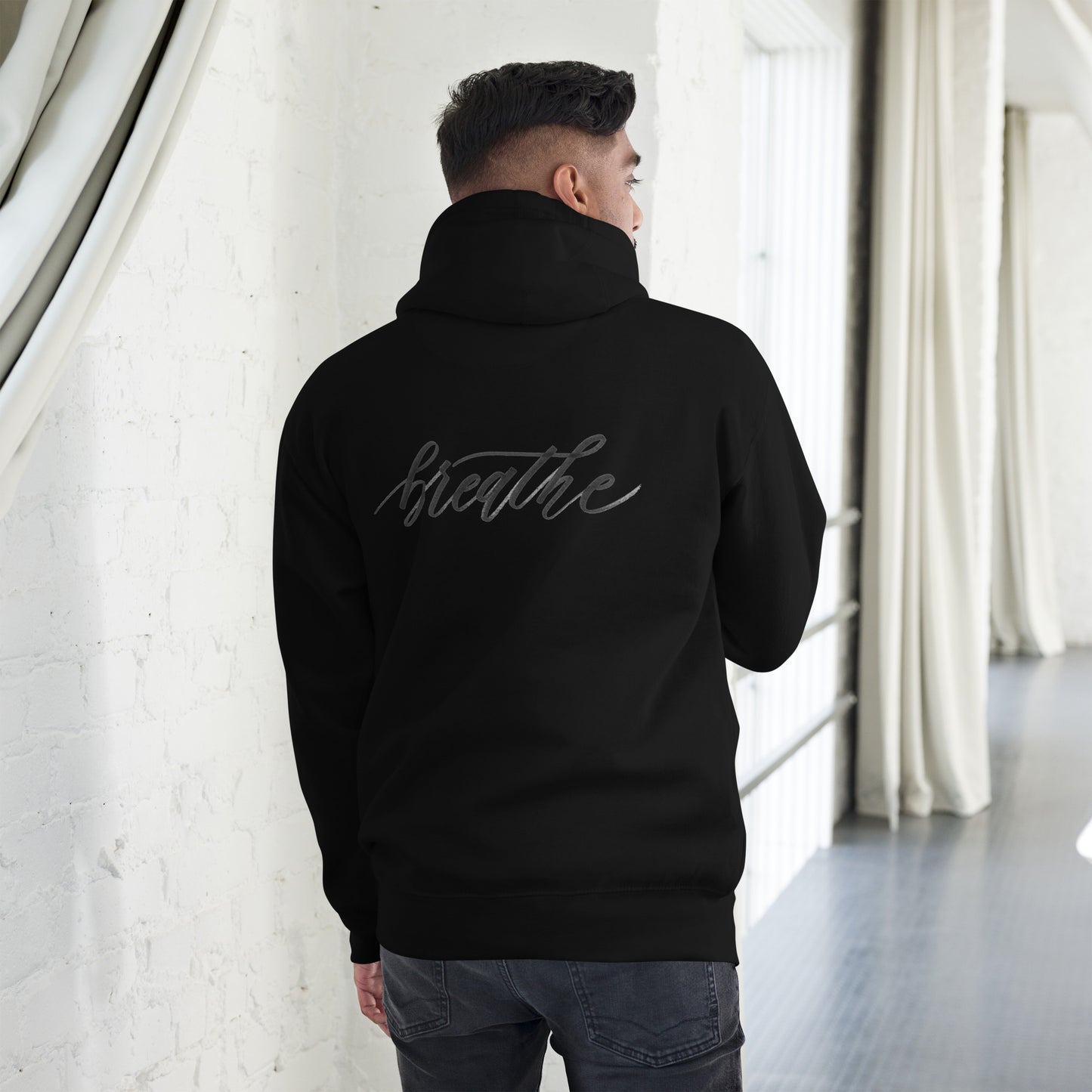 Script "Breathe" Black Calligraphy Printed Cotton Blend ADULT Unisex Hoodie