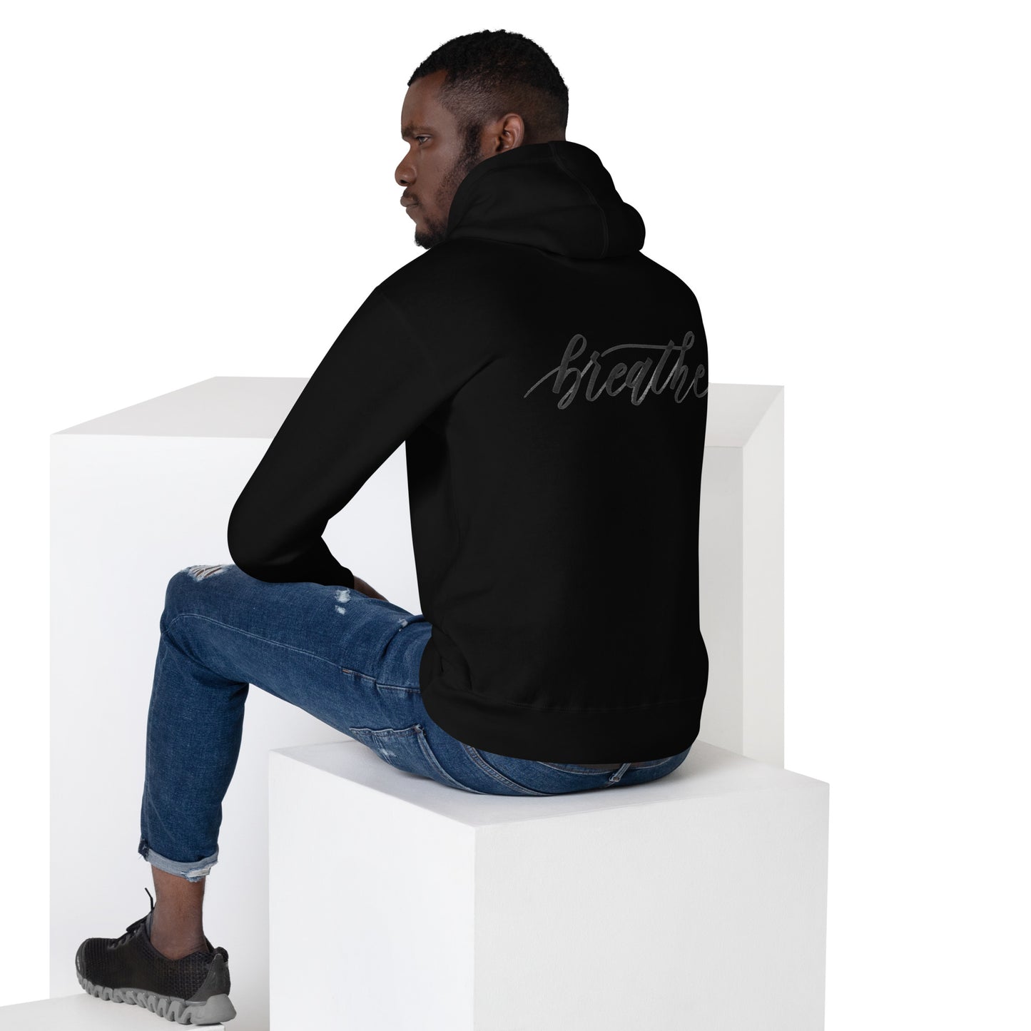 Script "Breathe" Black Calligraphy Printed Cotton Blend ADULT Unisex Hoodie