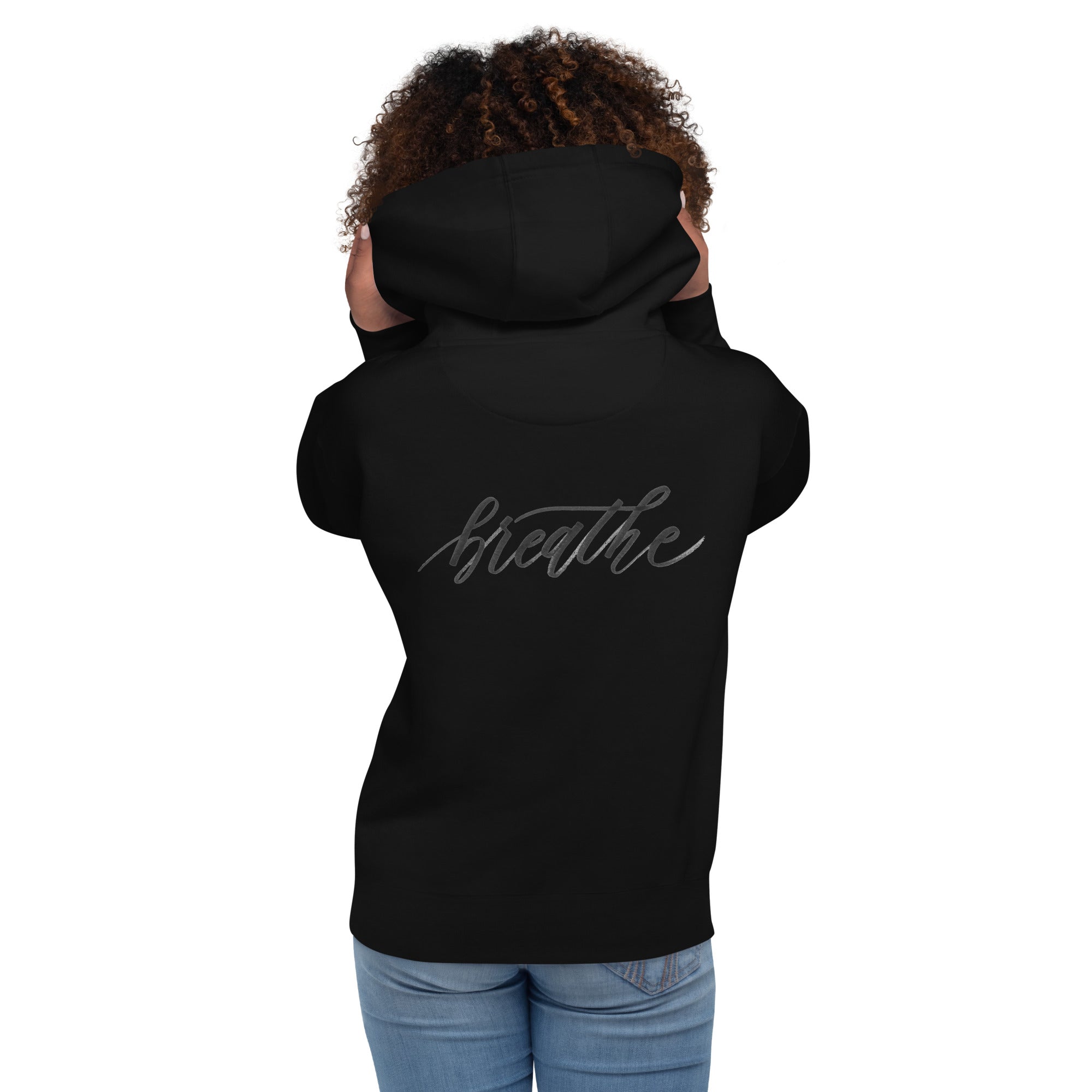 Script "Breathe" Black Calligraphy Printed Cotton Blend ADULT Unisex Hoodie