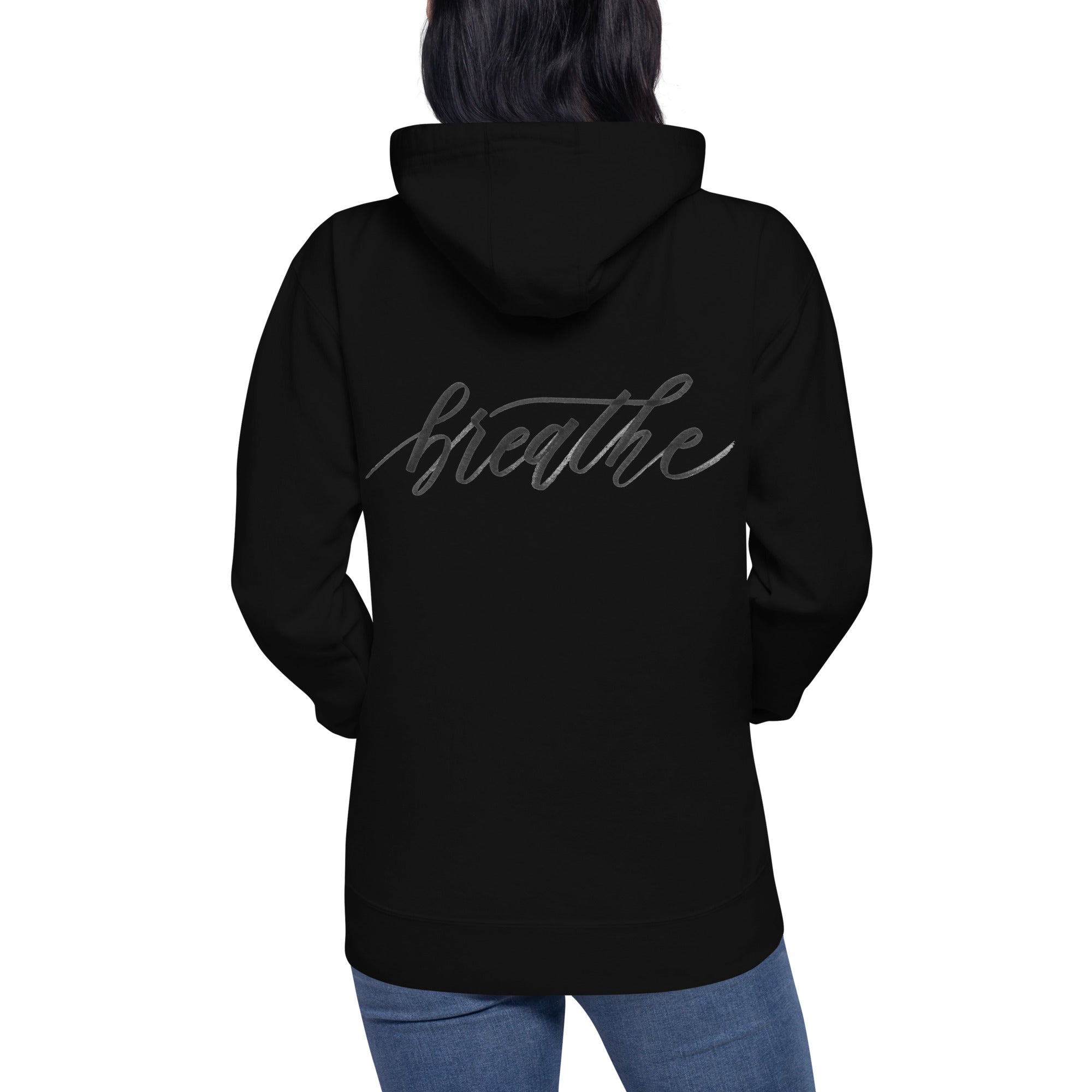 Script "Breathe" Black Calligraphy Printed Cotton Blend ADULT Unisex Hoodie