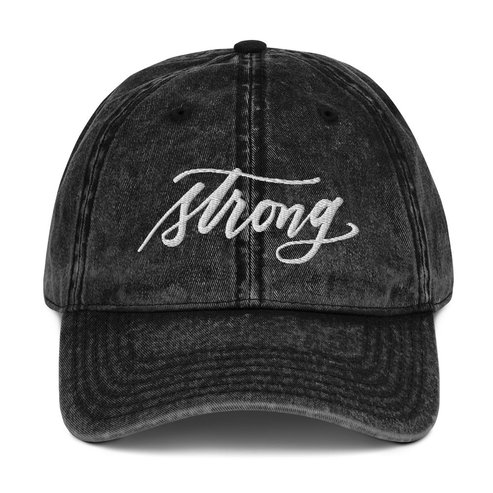 Embroidered Light Gray Script "Strong" Calligraphy Vintage Cotton Twill Cap