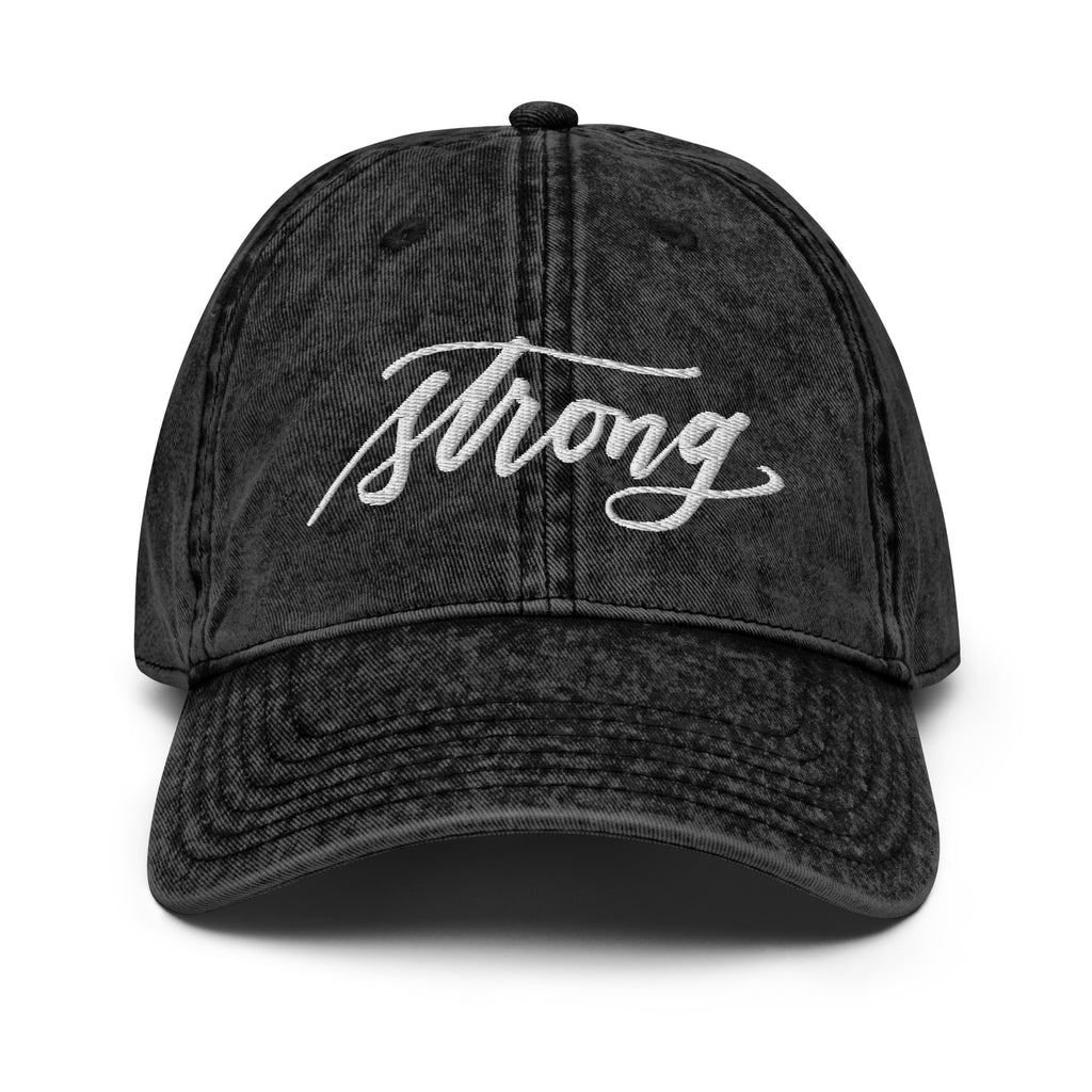 Embroidered Light Gray Script "Strong" Calligraphy Vintage Cotton Twill Cap