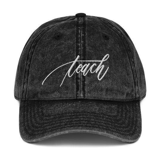 Embroidered White Script "Teach" Calligraphy Vintage Cotton Twill Cap