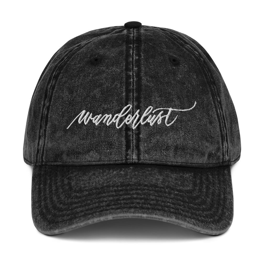 Embroidered Script "Wanderlust" White Calligraphy Embroidered Vintage Cotton Twill Cap