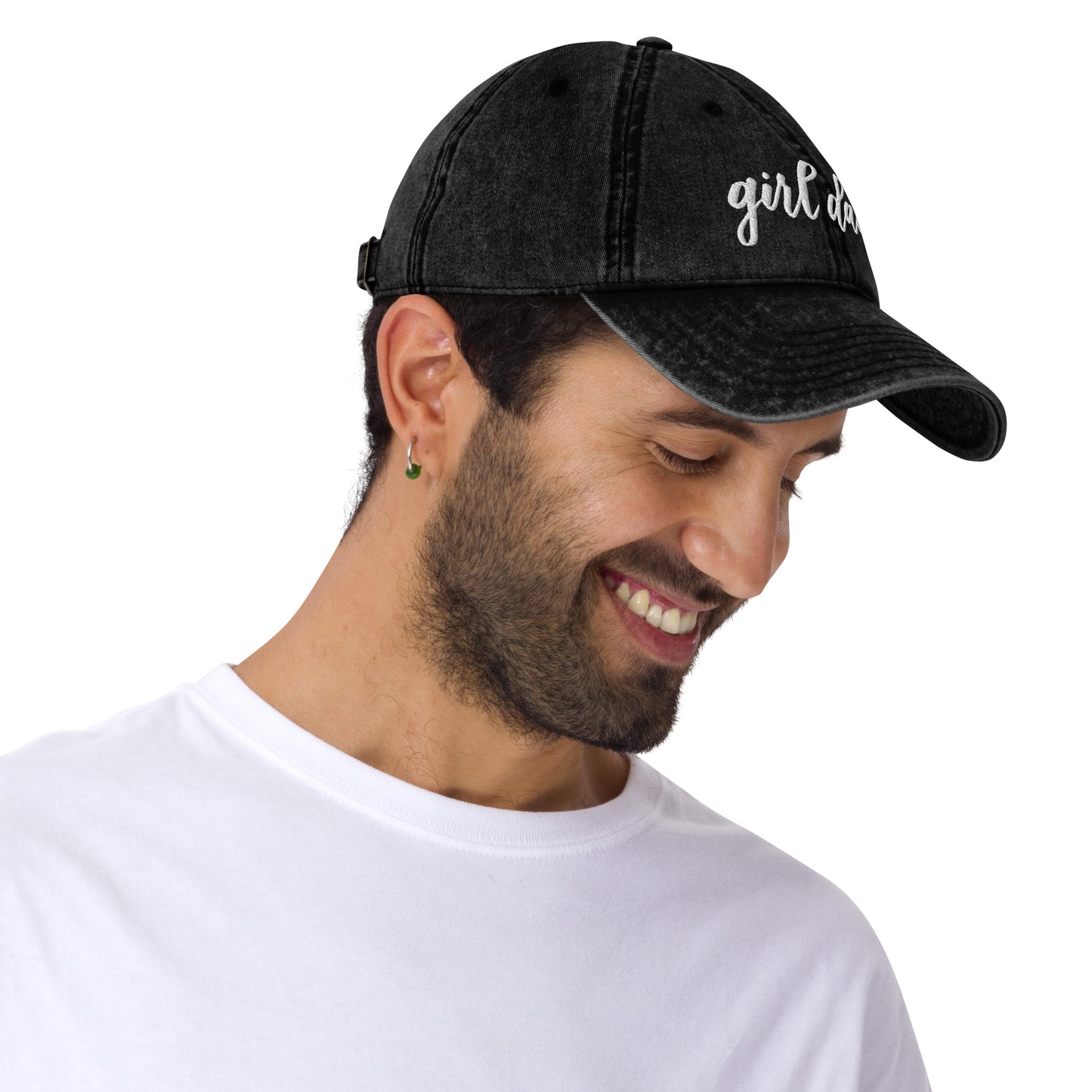 Embroidered White Script "Girl Dad" Calligraphy Vintage Cotton Twill Cap