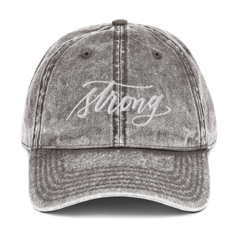 Embroidered Light Gray Script "Strong" Calligraphy Vintage Cotton Twill Cap