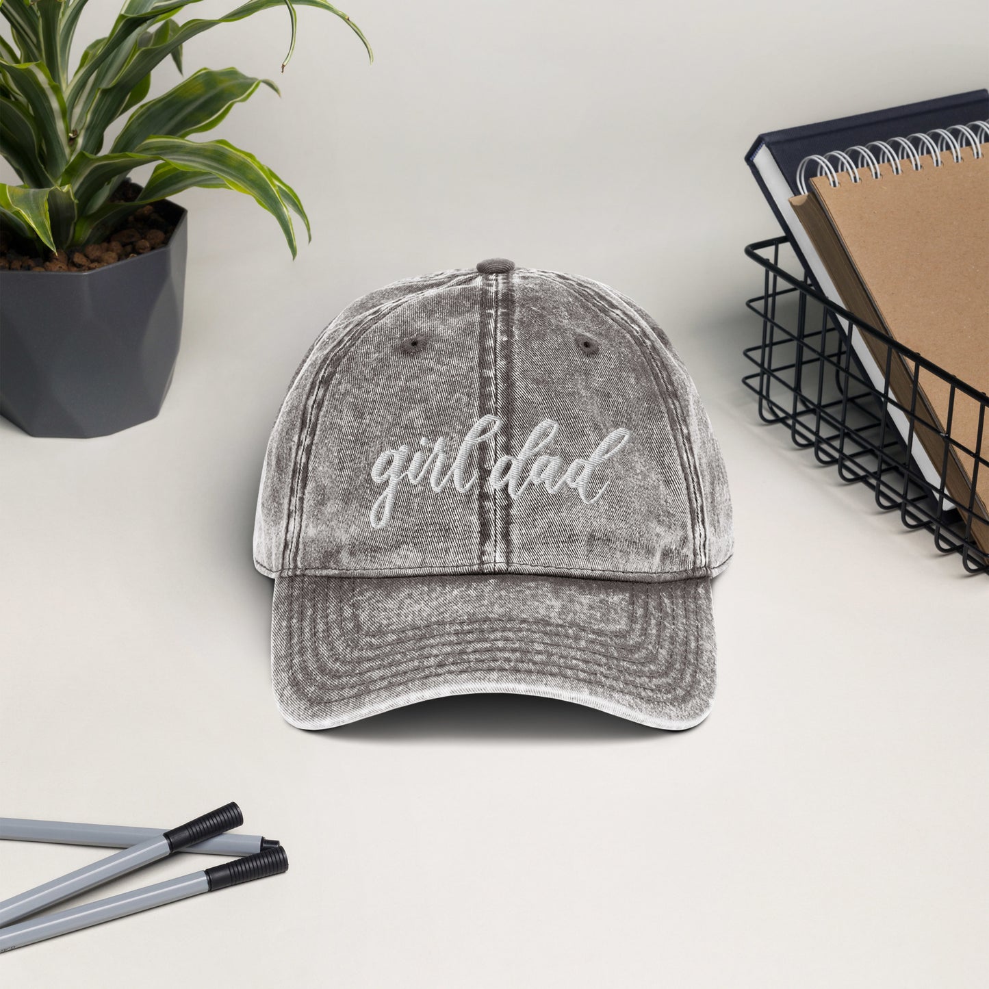 Embroidered White Script "Girl Dad" Calligraphy Vintage Cotton Twill Cap