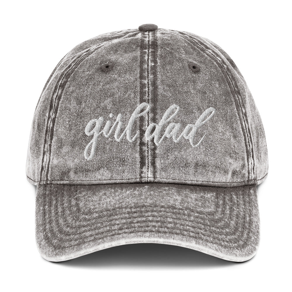 Embroidered White Script "Girl Dad" Calligraphy Vintage Cotton Twill Cap