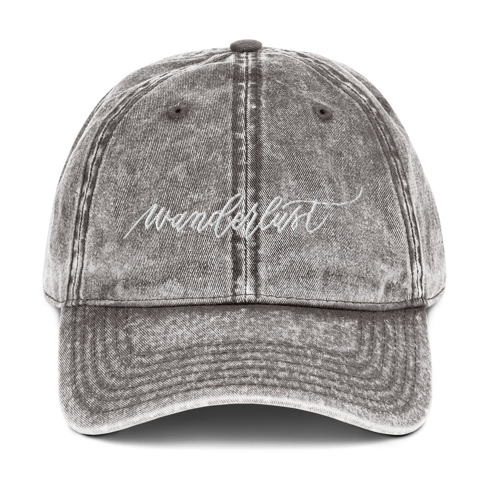 Embroidered Script "Wanderlust" White Calligraphy Embroidered Vintage Cotton Twill Cap