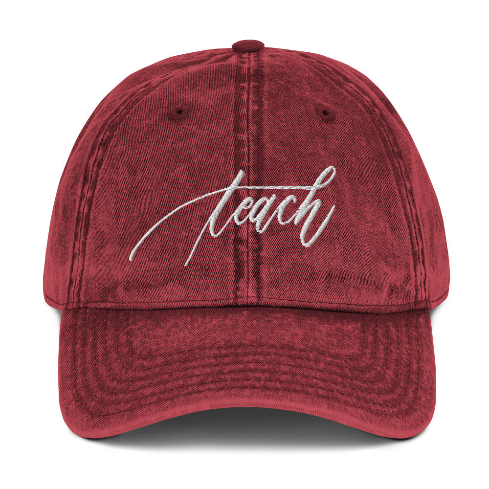 Embroidered White Script "Teach" Calligraphy Vintage Cotton Twill Cap