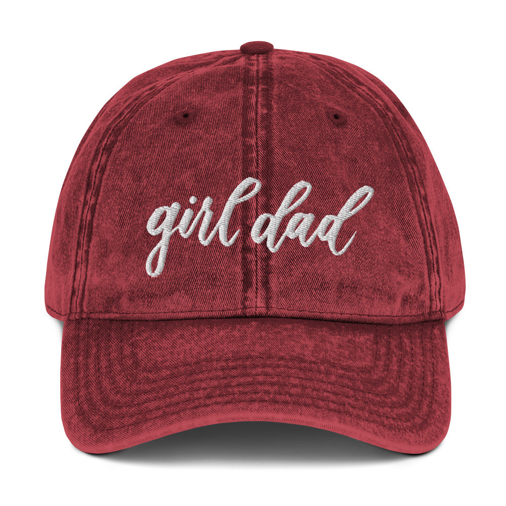 Embroidered White Script "Girl Dad" Calligraphy Vintage Cotton Twill Cap