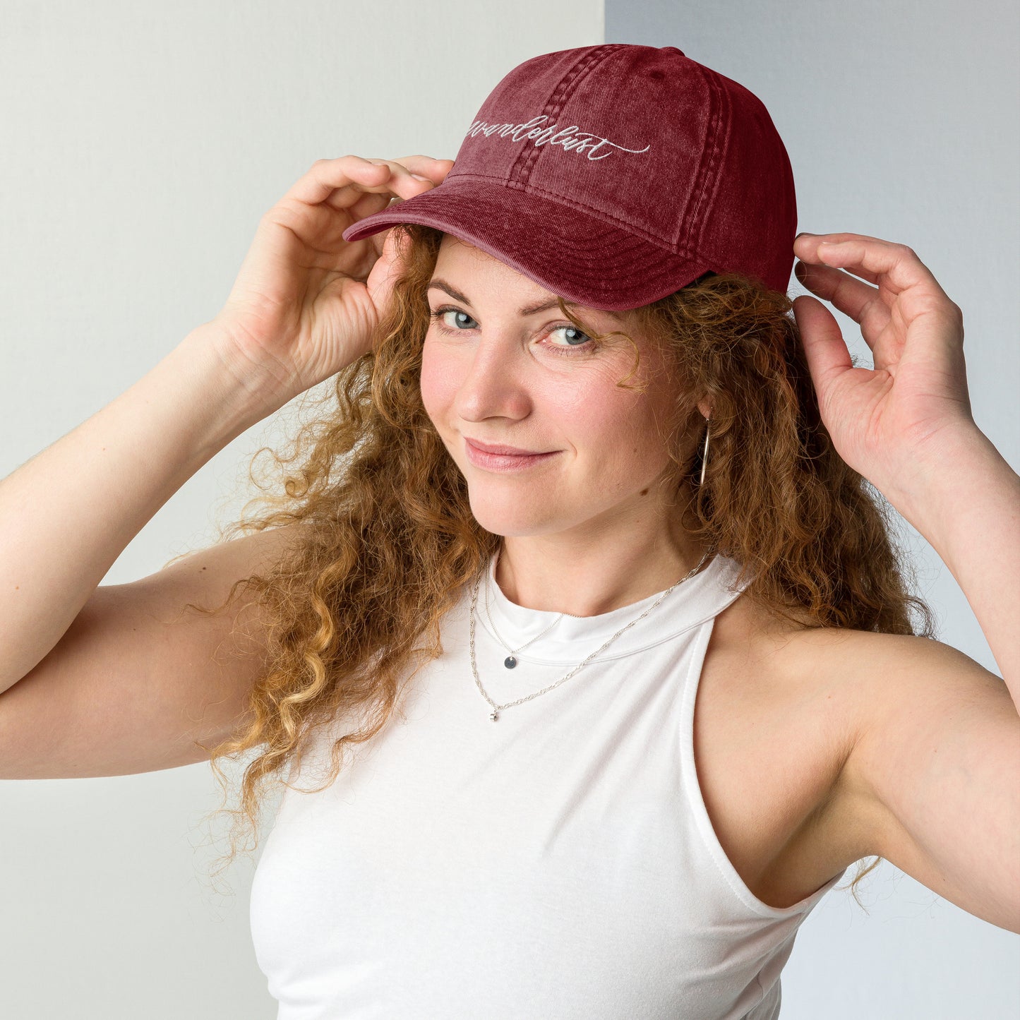 Embroidered Script "Wanderlust" White Calligraphy Embroidered Vintage Cotton Twill Cap