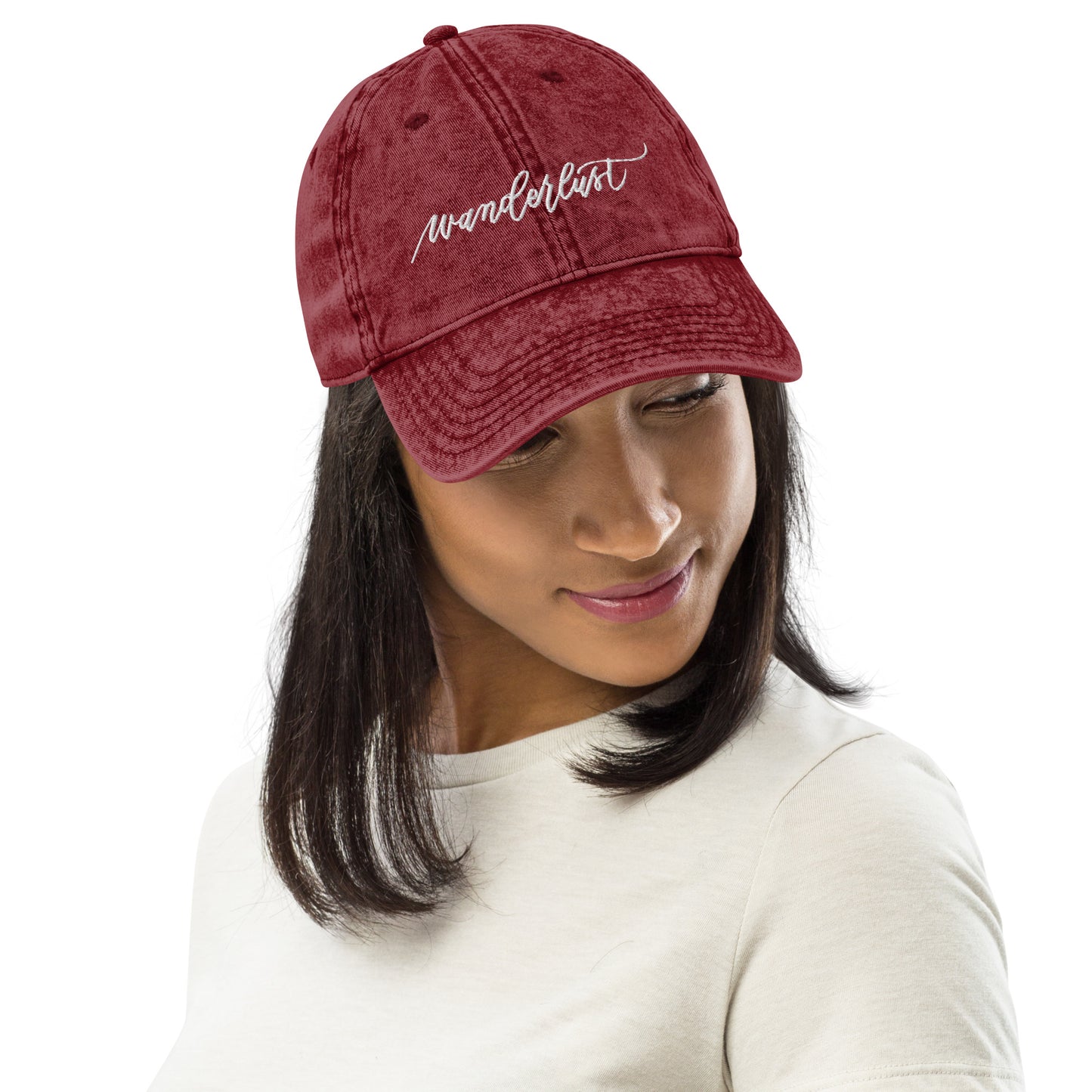 Embroidered Script "Wanderlust" White Calligraphy Embroidered Vintage Cotton Twill Cap