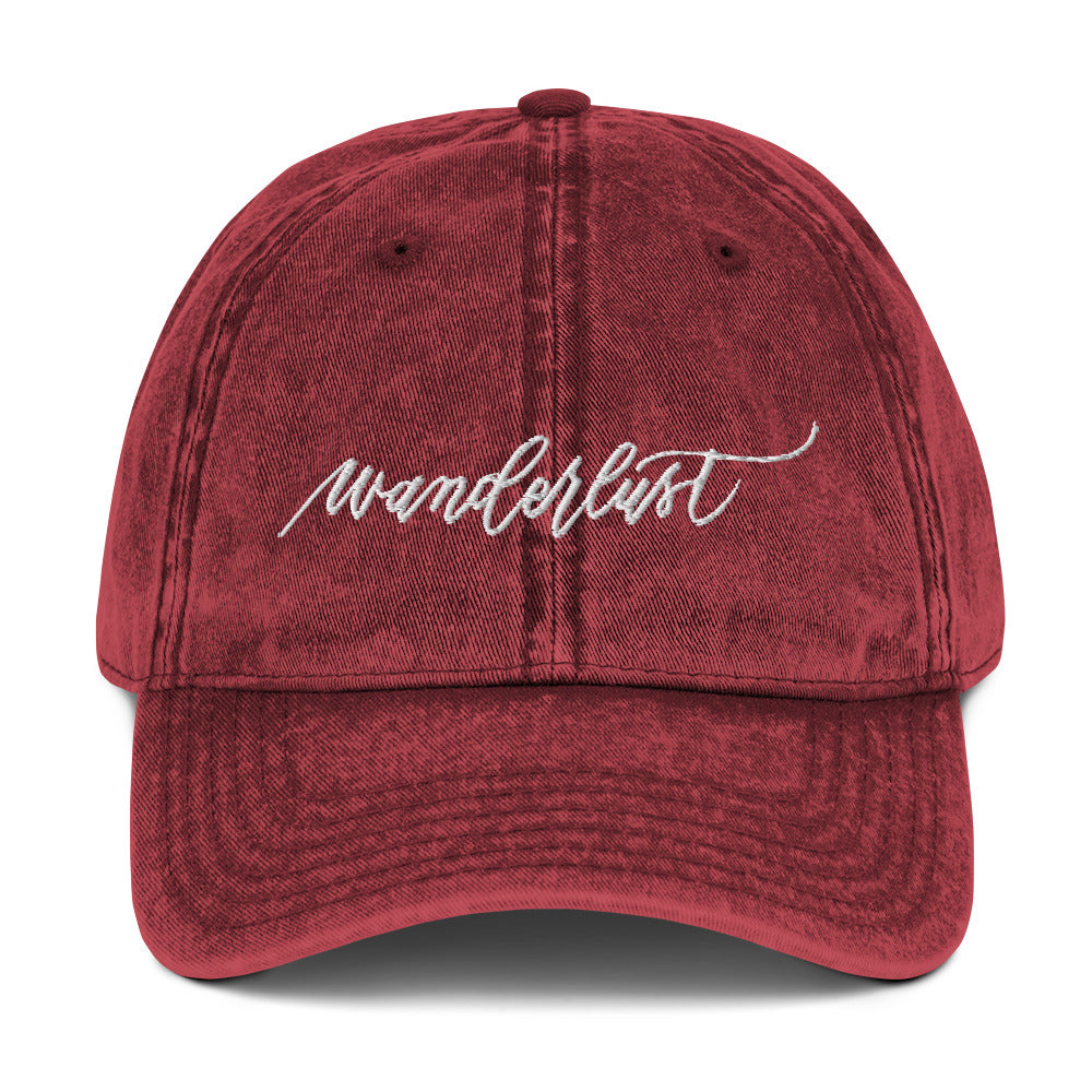 Embroidered Script "Wanderlust" White Calligraphy Embroidered Vintage Cotton Twill Cap