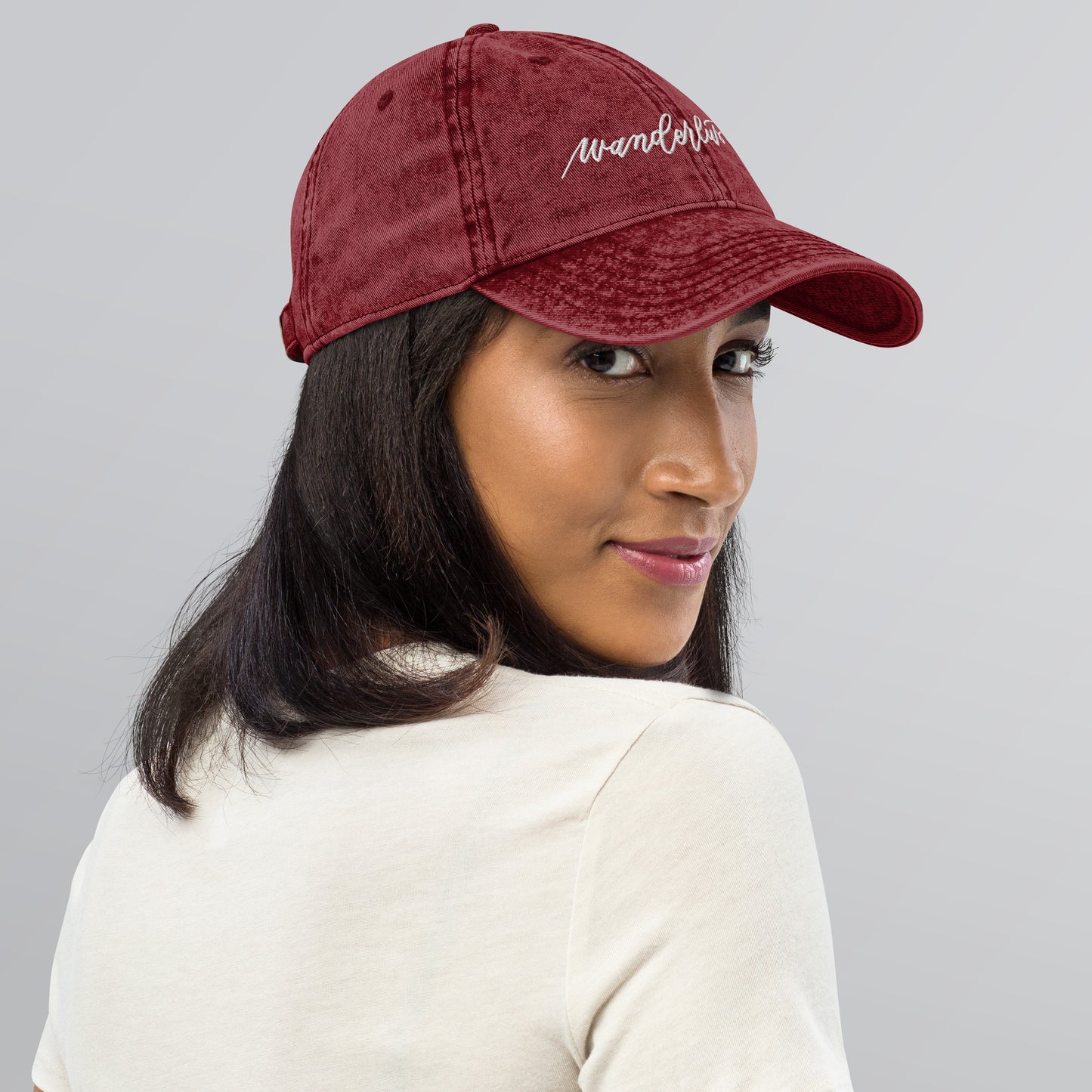 Embroidered Script "Wanderlust" White Calligraphy Embroidered Vintage Cotton Twill Cap