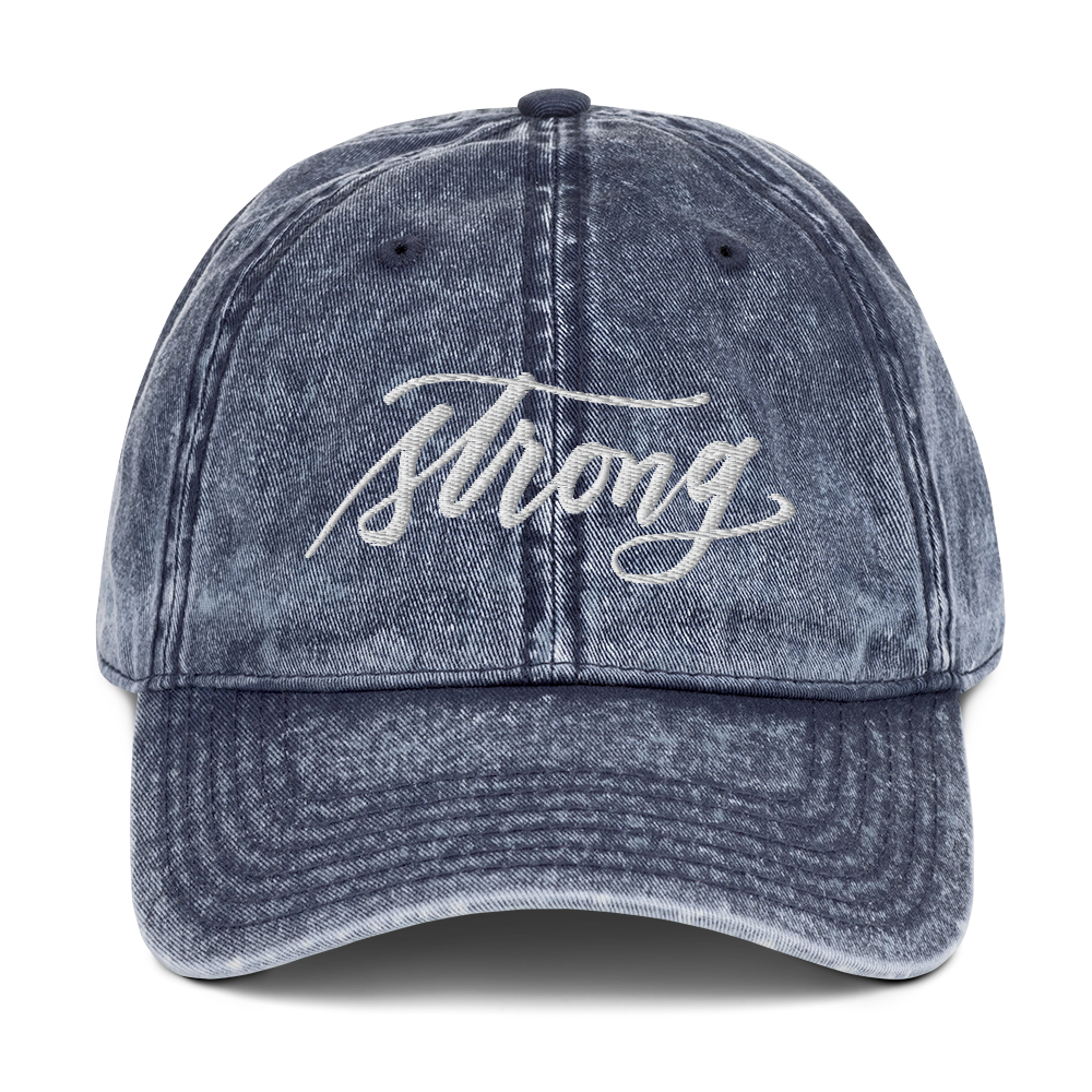 Embroidered Light Gray Script "Strong" Calligraphy Vintage Cotton Twill Cap