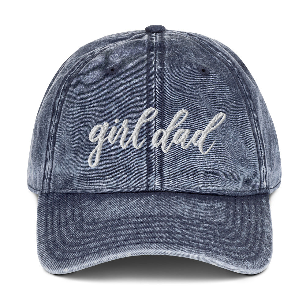 Embroidered White Script "Girl Dad" Calligraphy Vintage Cotton Twill Cap