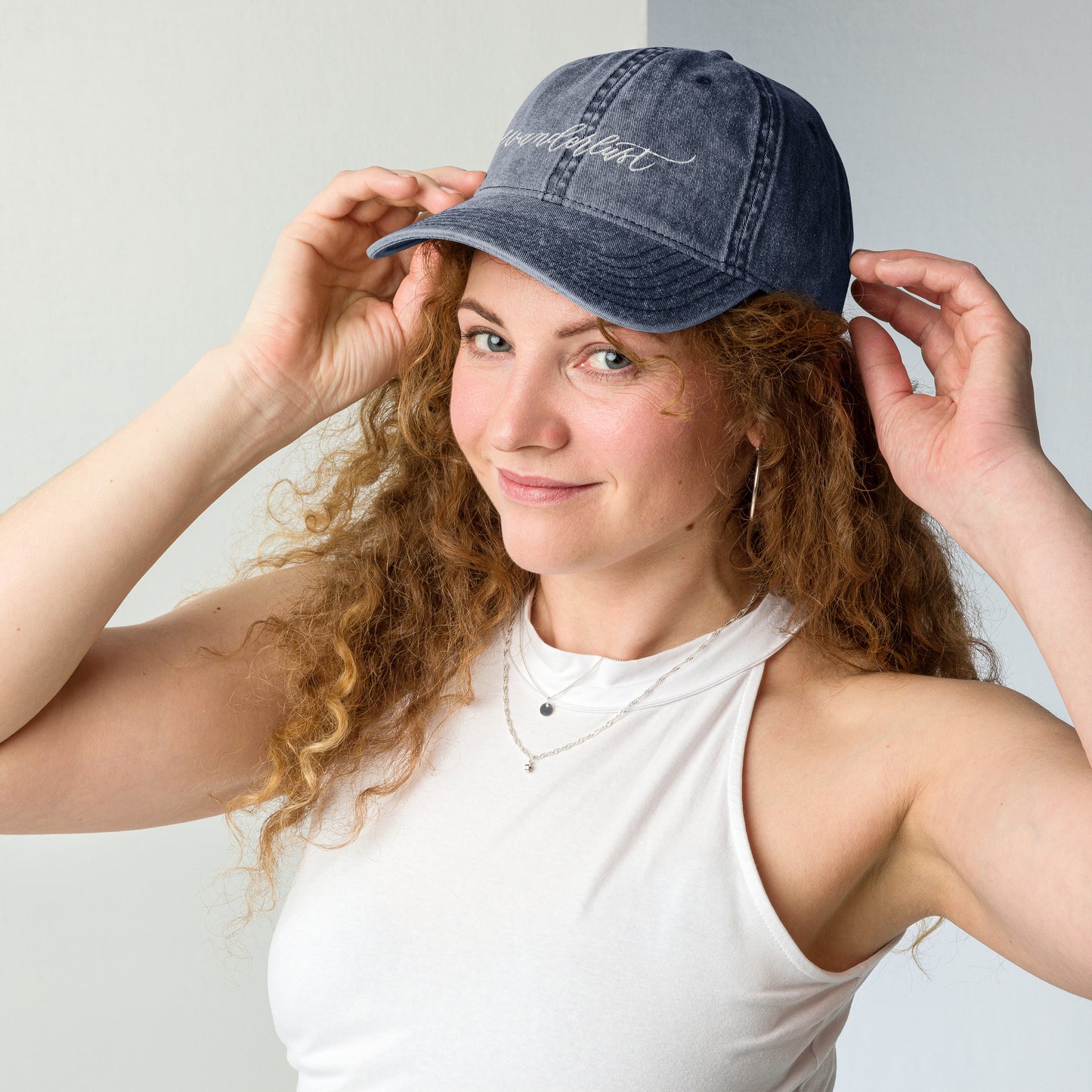 Embroidered Script "Wanderlust" White Calligraphy Embroidered Vintage Cotton Twill Cap