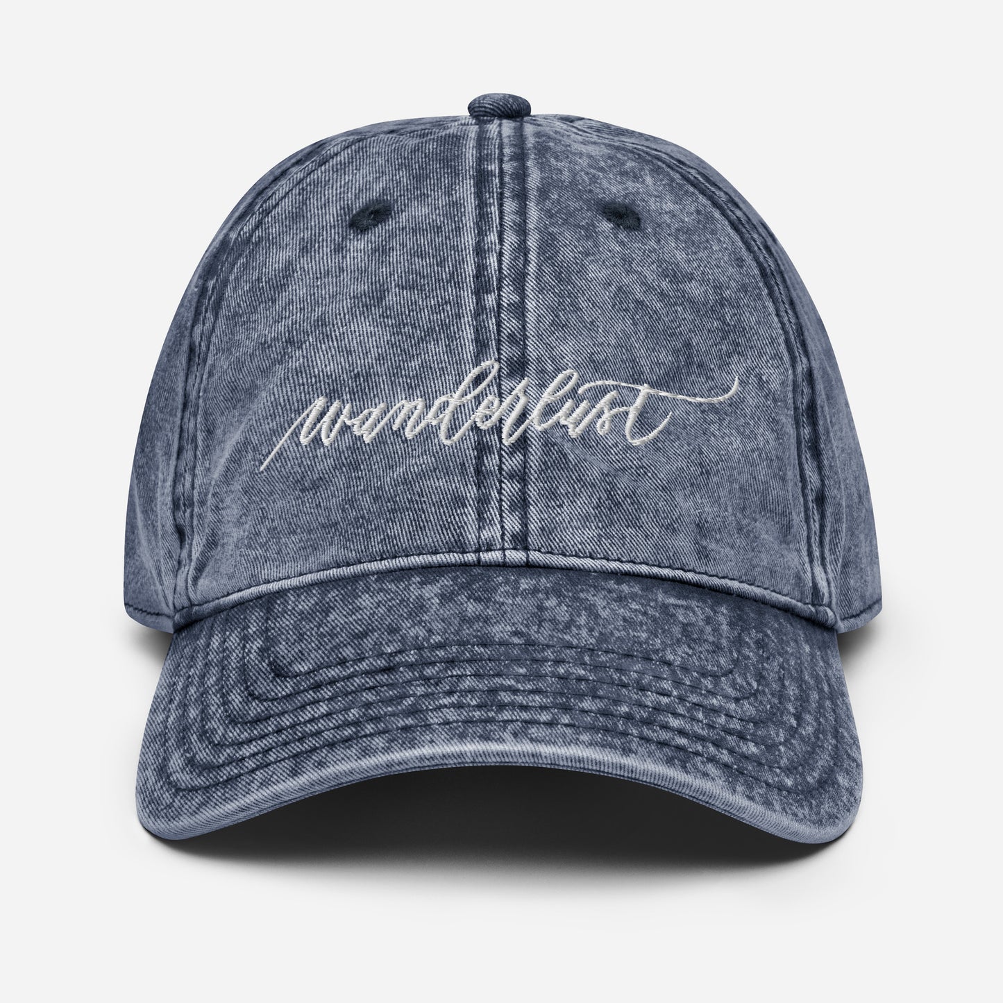 Embroidered Script "Wanderlust" White Calligraphy Embroidered Vintage Cotton Twill Cap