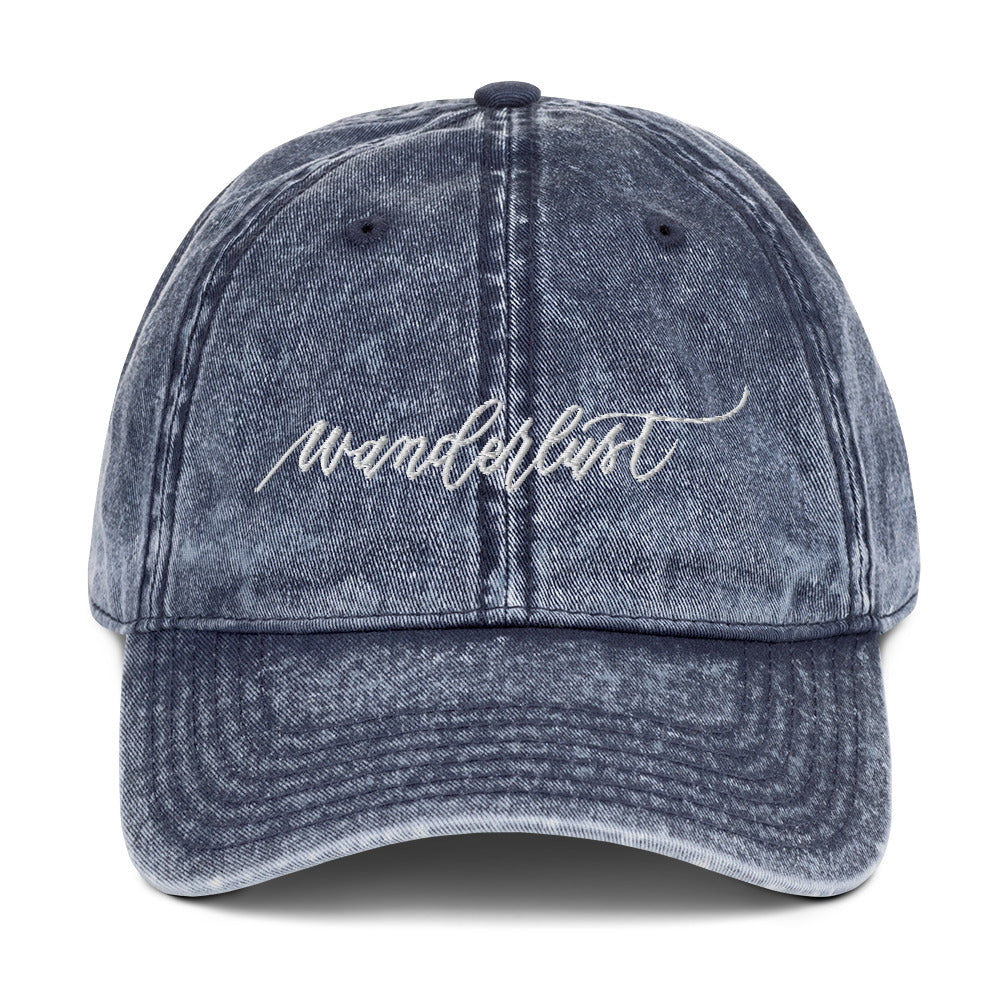 Embroidered Script "Wanderlust" White Calligraphy Embroidered Vintage Cotton Twill Cap