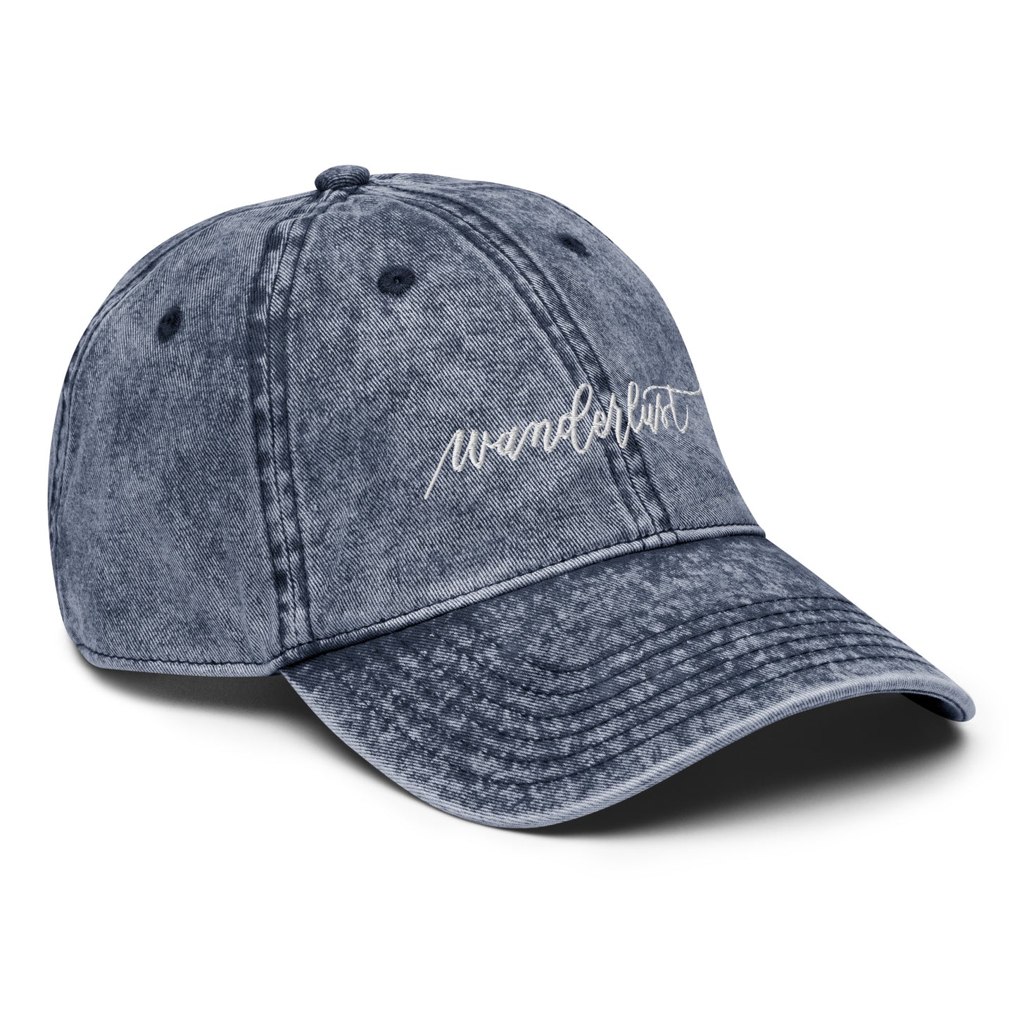 Embroidered Script "Wanderlust" White Calligraphy Embroidered Vintage Cotton Twill Cap