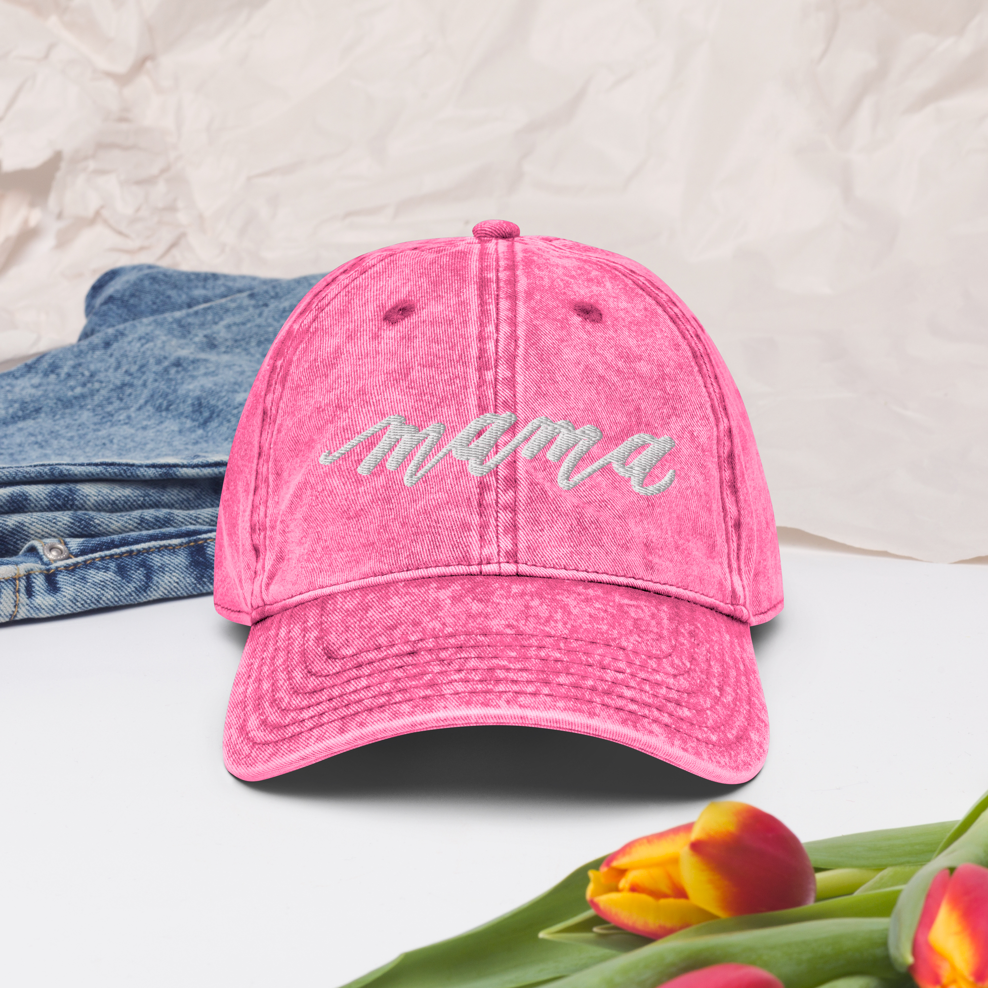 Embroidered Script "Mama" Calligraphy Vintage Cotton Twill Cap