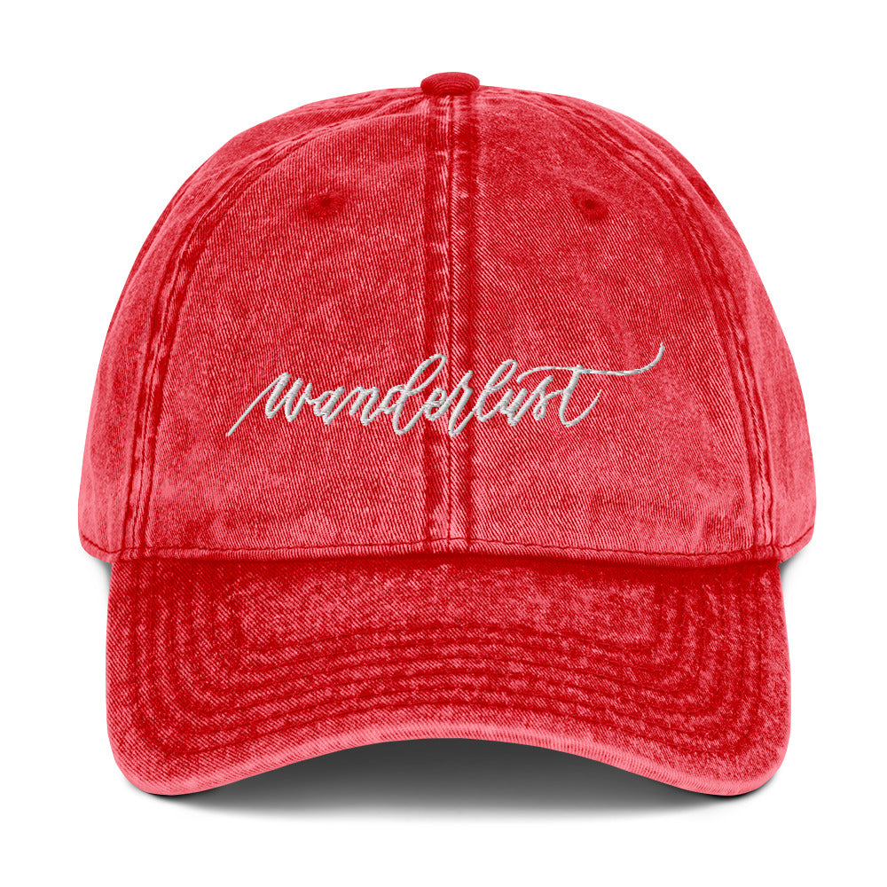 Embroidered Script "Wanderlust" White Calligraphy Embroidered Vintage Cotton Twill Cap