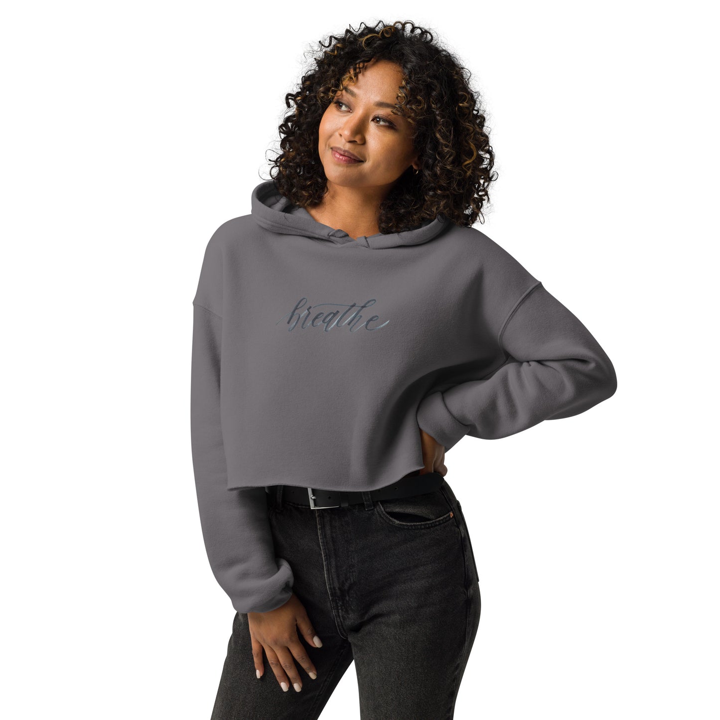 Script "Breathe" Sky Blue Calligraphy Printed Women's Crop Hoodie Sweatshirt