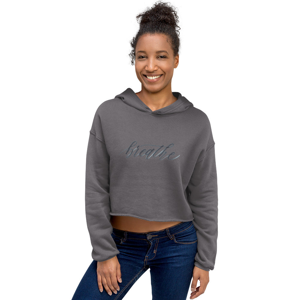 Script "Breathe" Sky Blue Calligraphy Printed Women's Crop Hoodie Sweatshirt