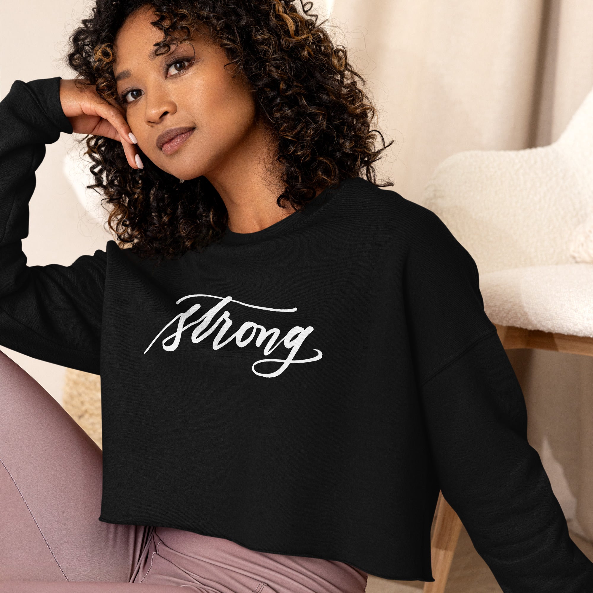 ADULT SIZES - White Script "Strong" Calligraphy Printed on Black Fleece Cropped Sweatshirt
