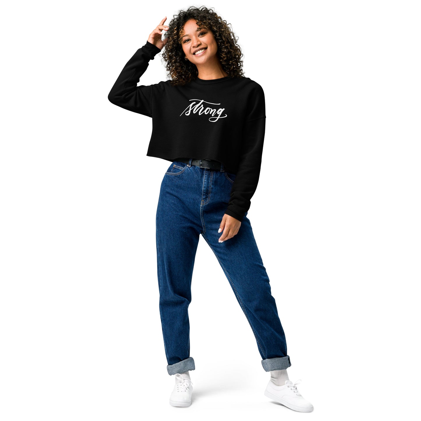 White Script "Strong" Calligraphy Printed on Black Fleece Crop Sweatshirt