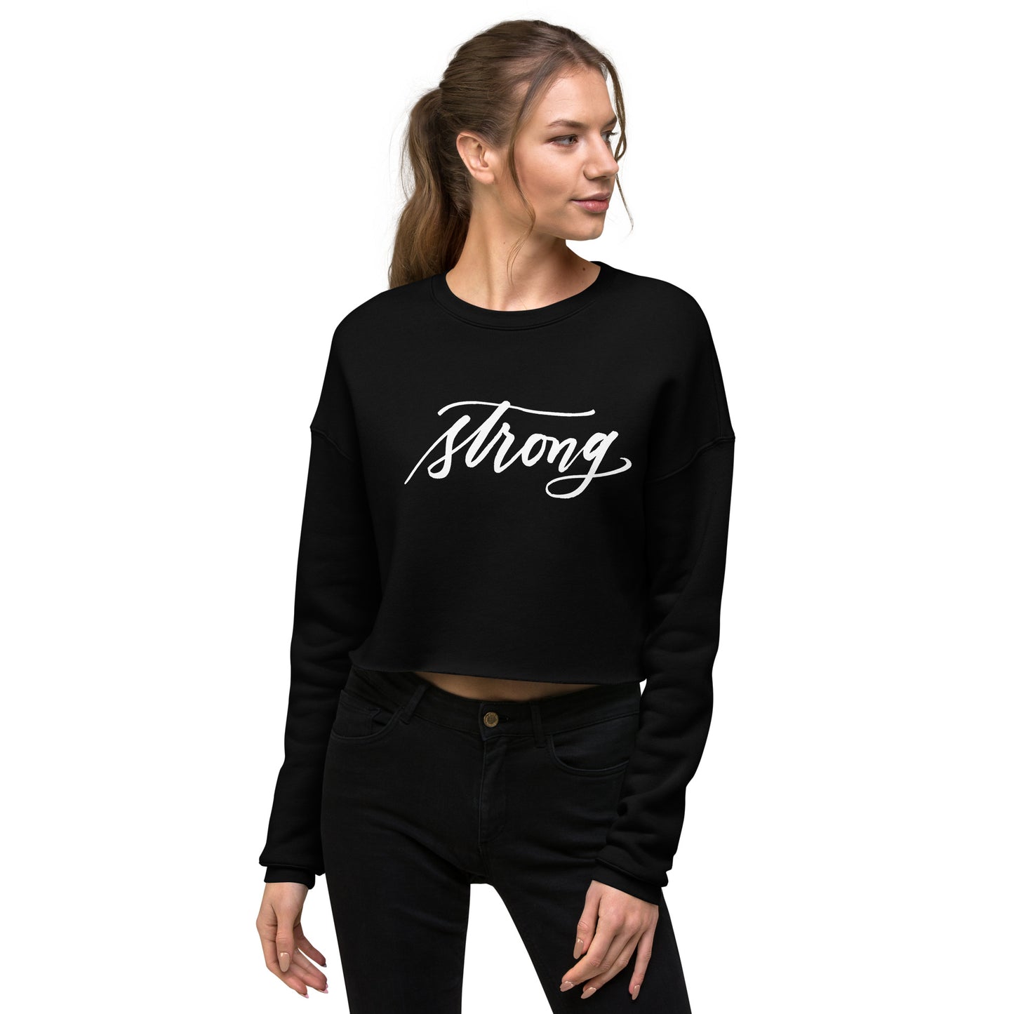 White Script "Strong" Calligraphy Printed on Black Fleece Crop Sweatshirt